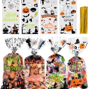 JMANNI Bolsas de dulces de Halloween para celfán, 120 bolsas de plástico transparente para Halloween, bolsas de dulces, murciélagos, calabaza y JMANNI Bolsas de dulces de Halloween para celfán, 120 bolsas de plástico transparente para Halloween, bolsas de dulces, murciélagos, calabaza y