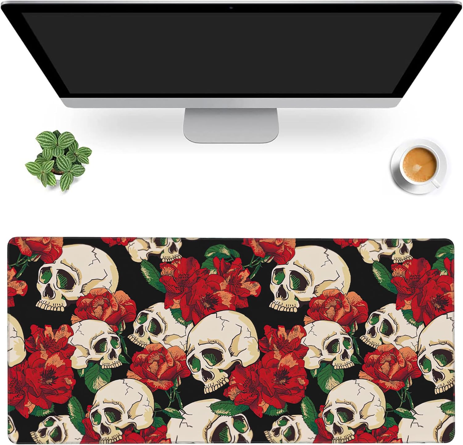 Alfombrilla de escritorio, alfombrilla de mouse para juegos de calavera y flores, alfombrilla de mouse extendida XXL para oficina, computadora,