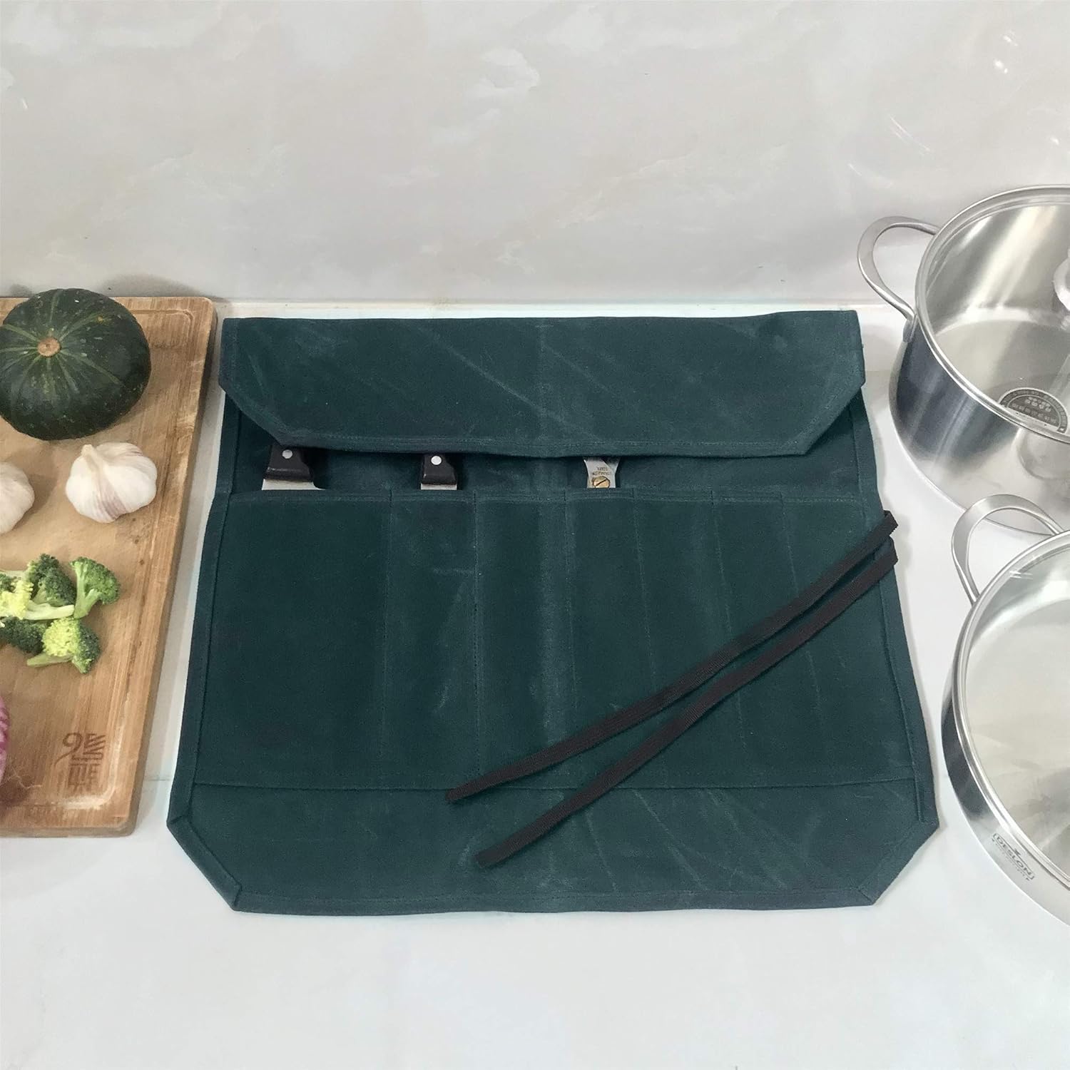 Denifiter Bolsa de lona encerada resistente para cuchillos de chef con 7 ranuras, impermeable y duradera (verde oscuro)