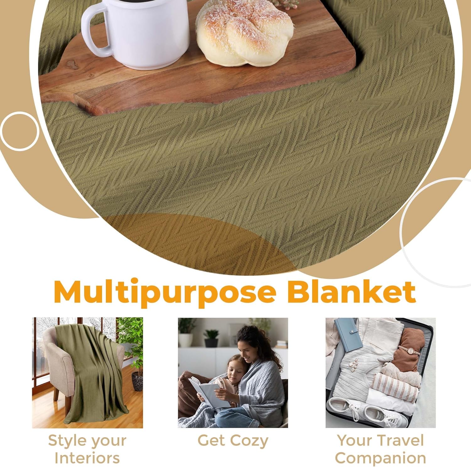 SUPERIOR Manta de gran tamaño 100% algodón, manta tejida para sofá, cama, ropa de cama, casa de campo, artículos esenciales para el hogar, mantas
