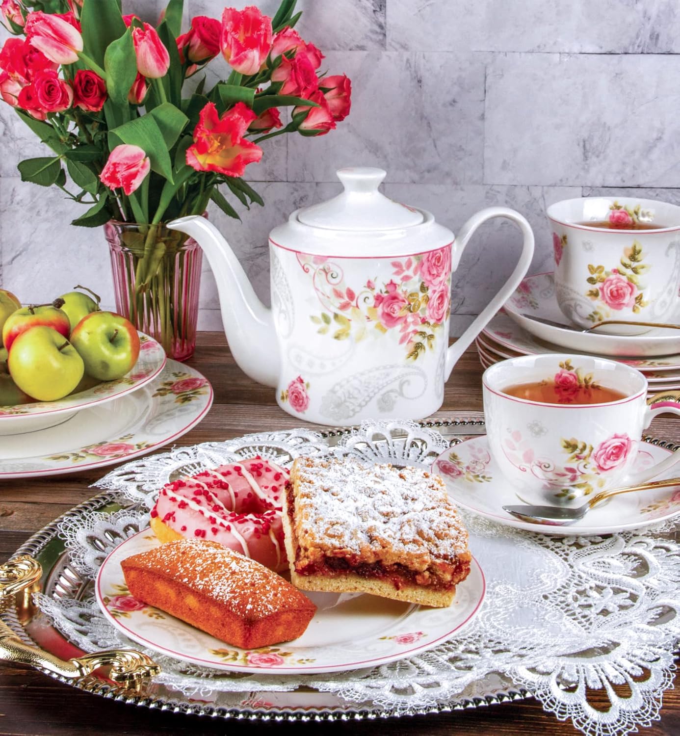 Juego de té para mujer, tazas de café para bebidas calientes, juego de 5 piezas para 2 con toalla de cortesía, taza de té de boda y platillo para
