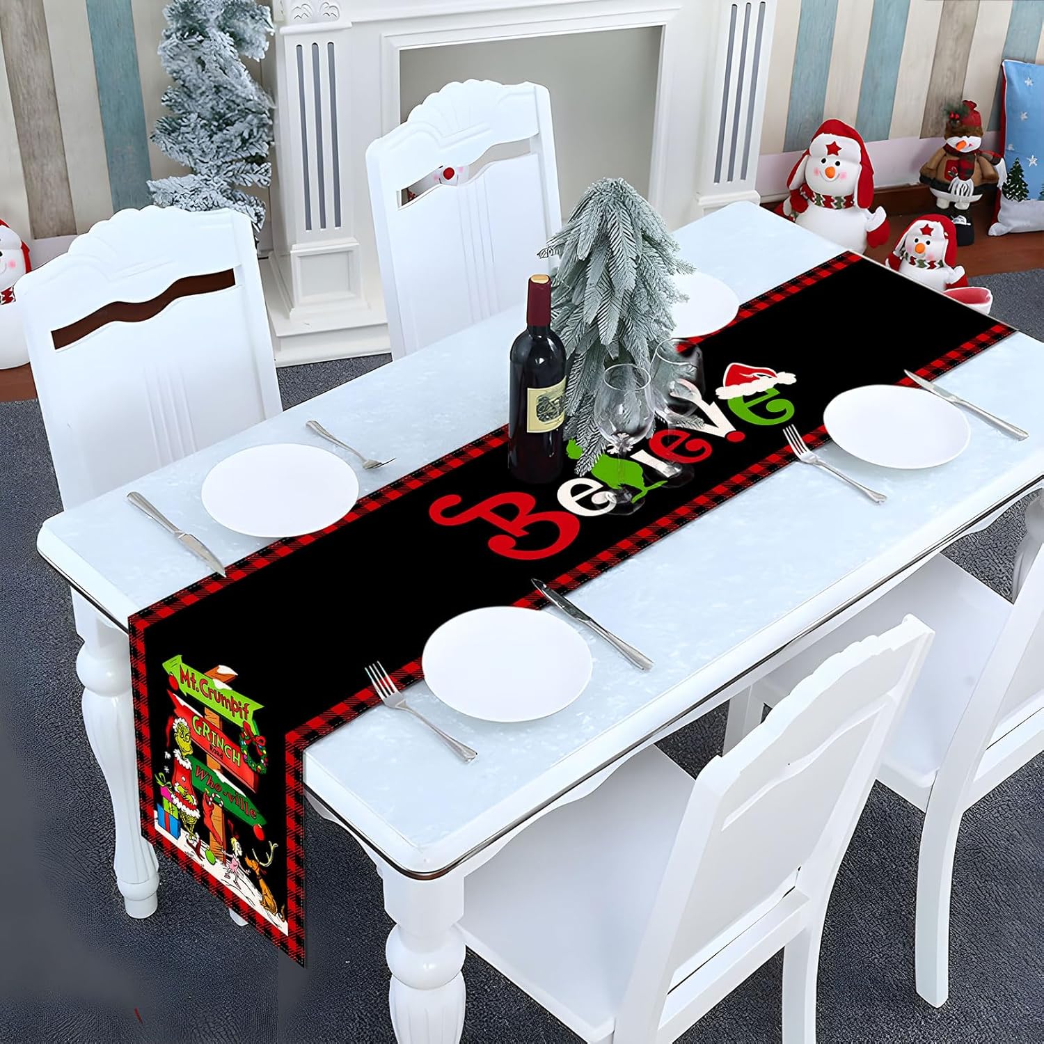 Camino de mesa Grinchmas Feliz Navidad, vacaciones de invierno, fiesta temática, cocina, comedor, decoración del hogar (negro y rojo, 13 x 108