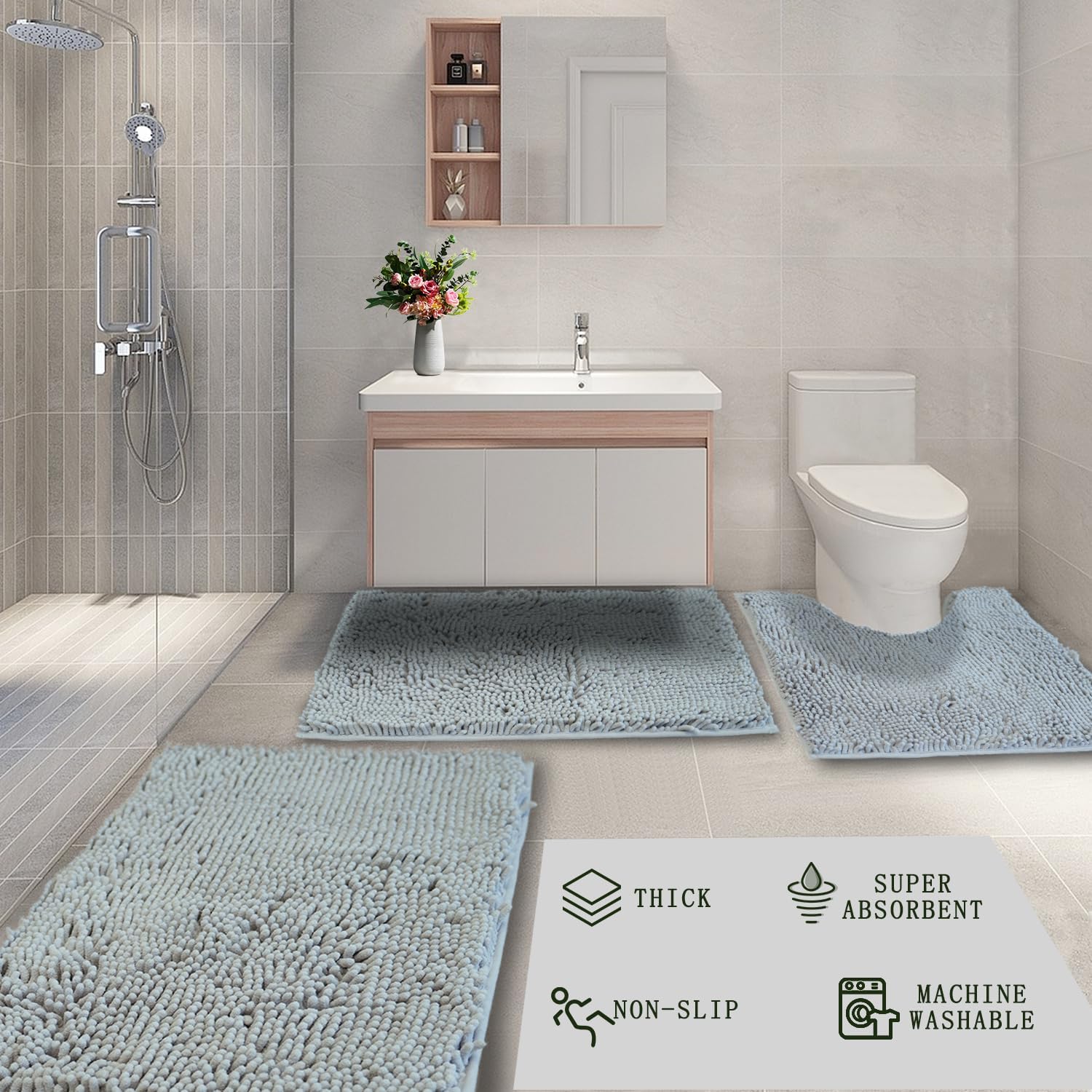 wyewye Juego de alfombras de baño ultrasuaves de 3 piezas, súper absorbentes y gruesas, antideslizantes, lavables a máquina, tapetes de baño para
