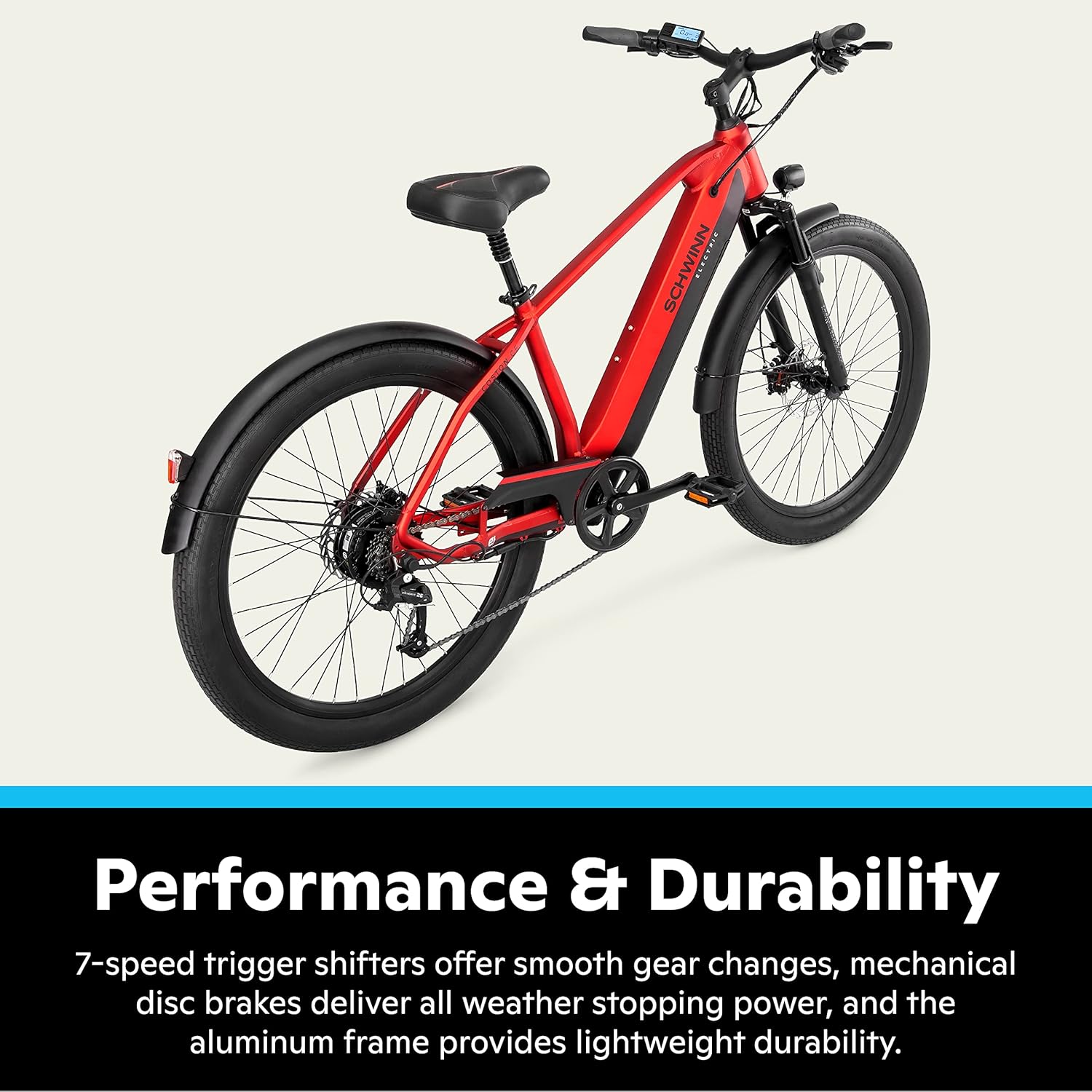 Schwinn Coston – Bicicleta híbrida eléctrica para adultos, marco de paso y paso sobre marcos, 7 velocidades, ruedas de 27.5 pulgadas, marco de