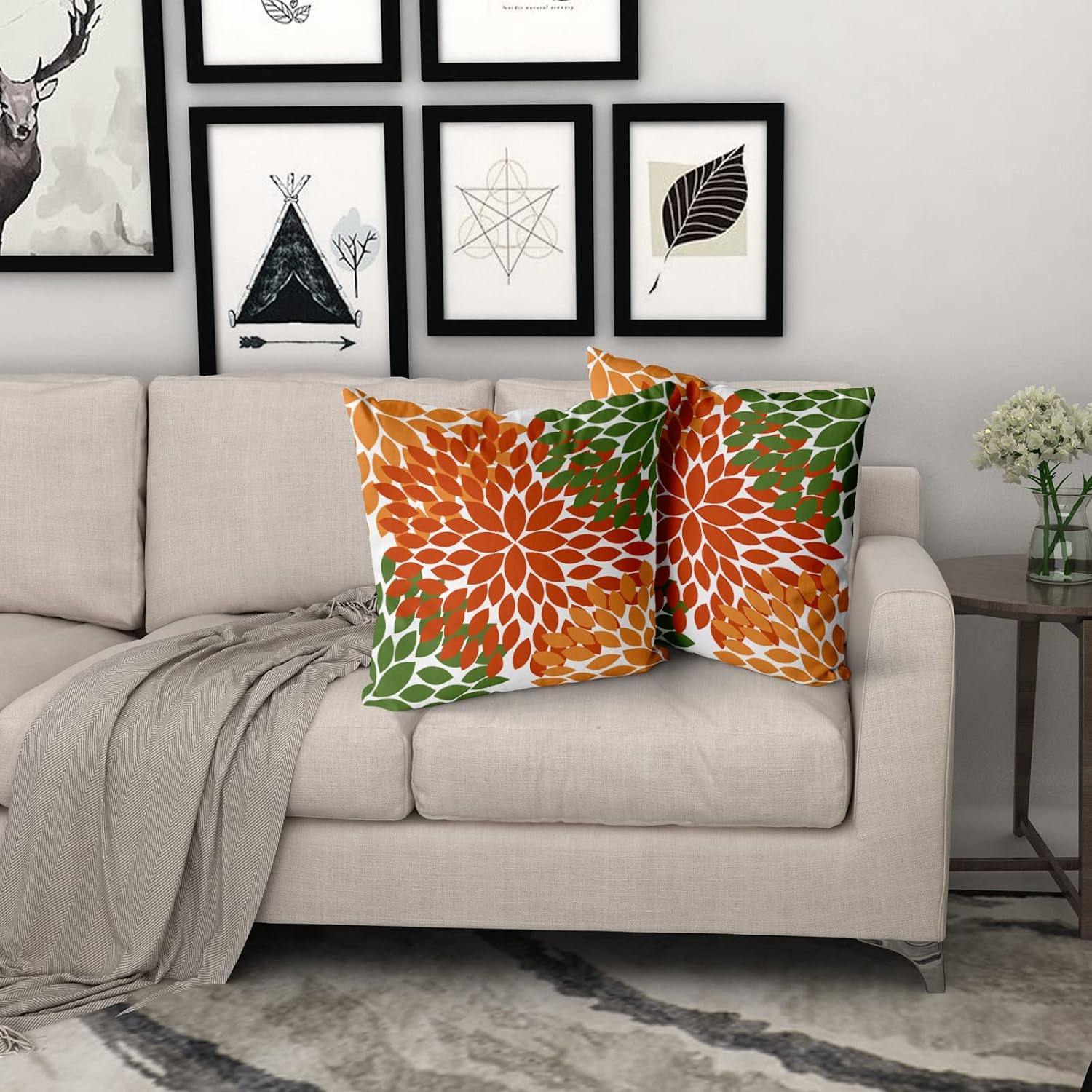 Juego de 2 fundas de almohada de color verde salvia naranja de 18 x 18 pulgadas, flores de dalias, decoración de otoño, Acción de Gracias, otoño,