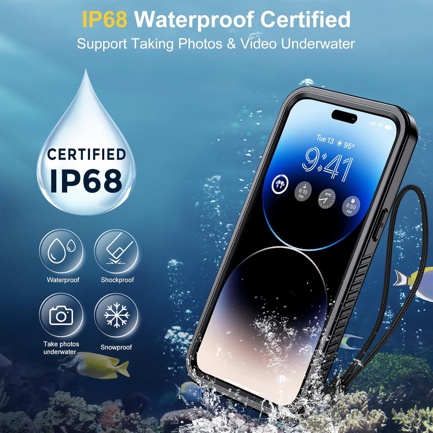 Humixx Funda impermeable para iPhone 14 Pro con anillo magnético, lente 9H integrada y protector de pantalla IP68 bajo el agua compatible con