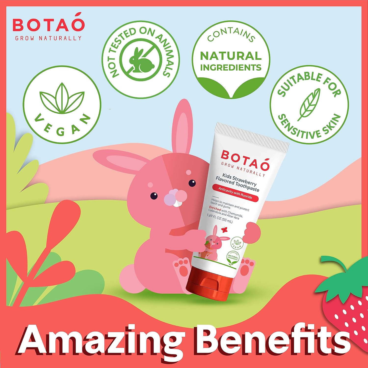 Pasta de dientes para niños, pasta dental anticaries con flúor natural con sabor a fresa, máxima protección de caries, verificada por EWG, vegana,