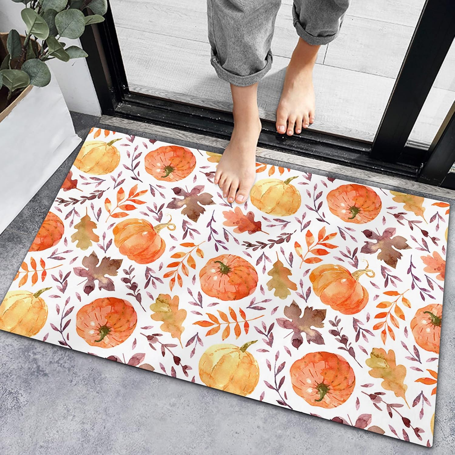 Alfombras de baño antideslizantes para puerta delantera, calabazas de otoño, hojas de arce, acuarela, cocina, Acción de Gracias, granja, cosecha,