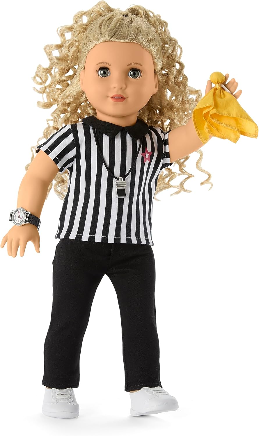 American Girl Truly Me – Traje de árbitro de muñeca de 18 pulgadas con silbato con cable, reloj de pulsera e bandera de penalti, para mayores de 6