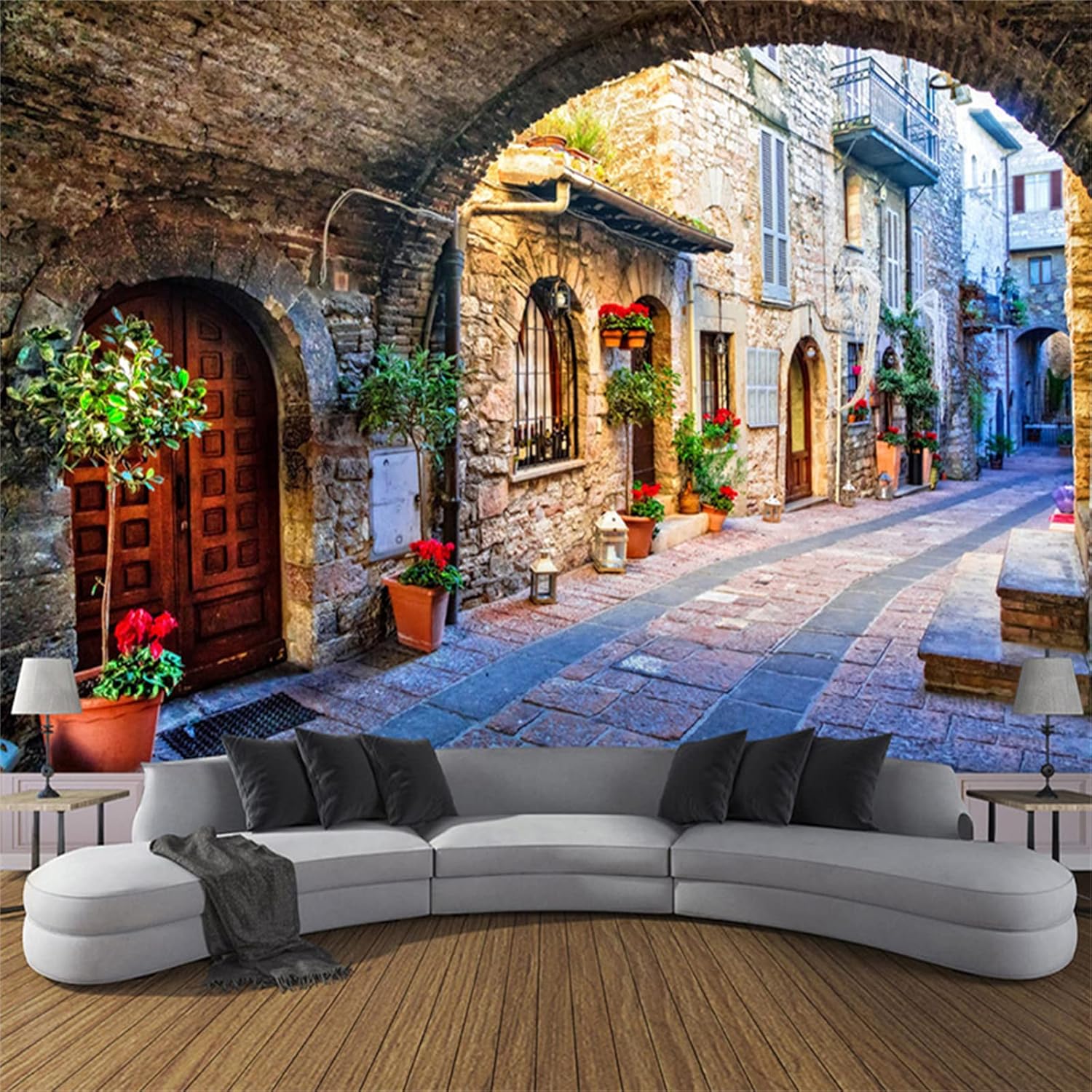 Murales de pared europeos con vista a la calle de la ciudad italiana, papel tapiz 3D de construcción de ciudades, calcomanías de pared sin arrugas,