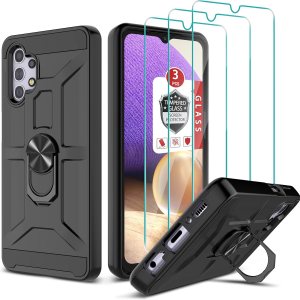 Funda para Galaxy A32 5G, funda para Galaxy A32 5G con 3 protectores de pantalla de vidrio templado, soporte de anillo integrado y soporte magnético Funda para Galaxy A32 5G, funda para Galaxy A32 5G con 3 protectores de pantalla de vidrio templado, soporte de anillo integrado y soporte magnético