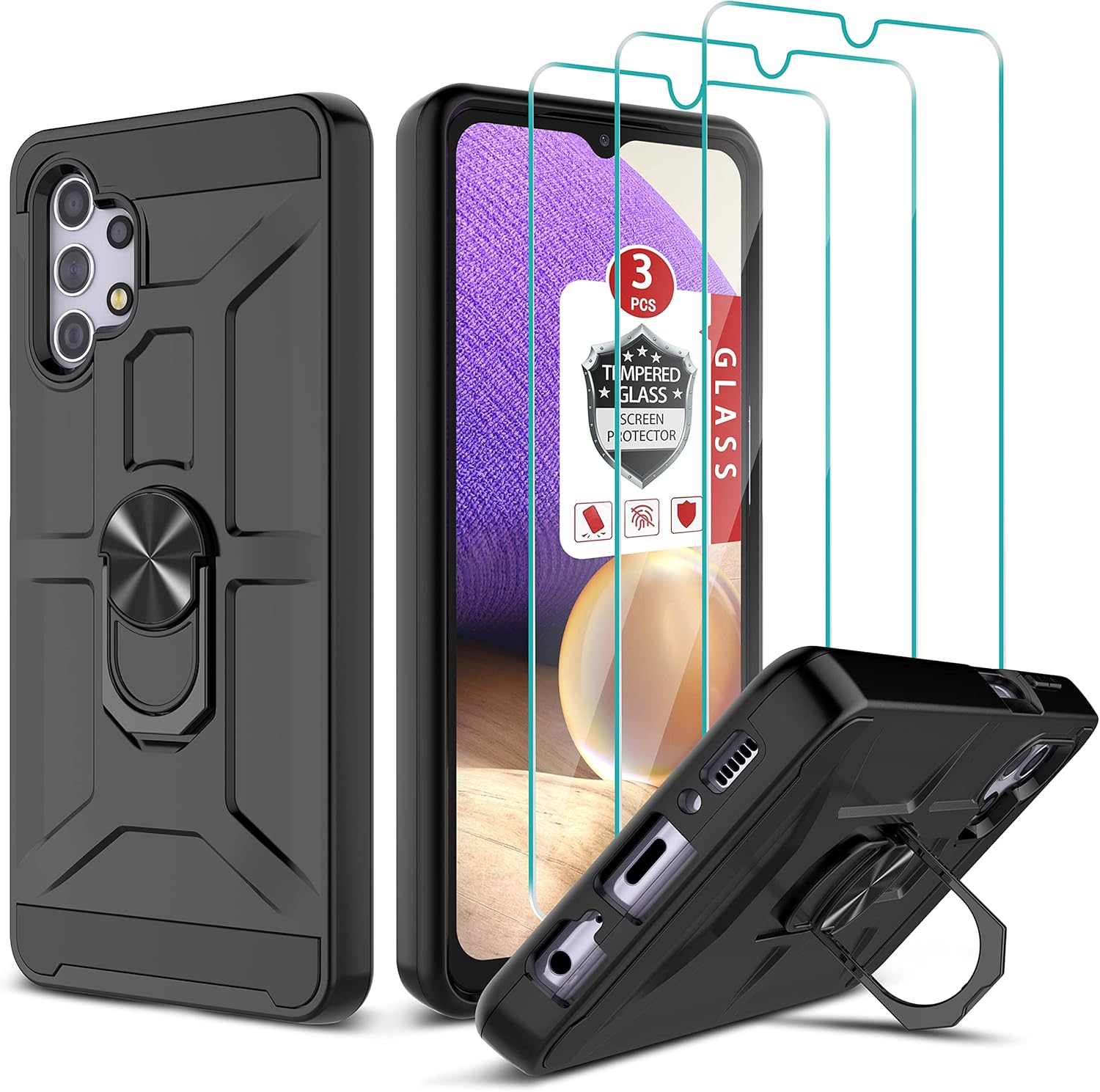 Funda para Galaxy A32 5G, funda para Galaxy A32 5G con 3 protectores de pantalla de vidrio templado, soporte de anillo integrado y soporte magnético