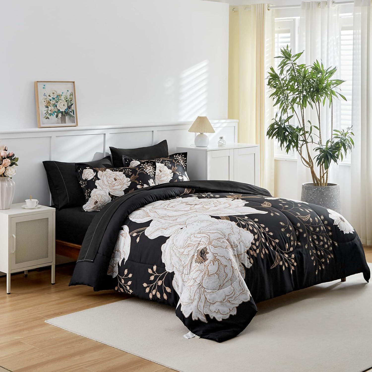 Juego de sábanas de edredón de flores negras, ropa de cama floral en una bolsa, 7 piezas tamaño Queen, juego de ropa de cama de verano de microfibra
