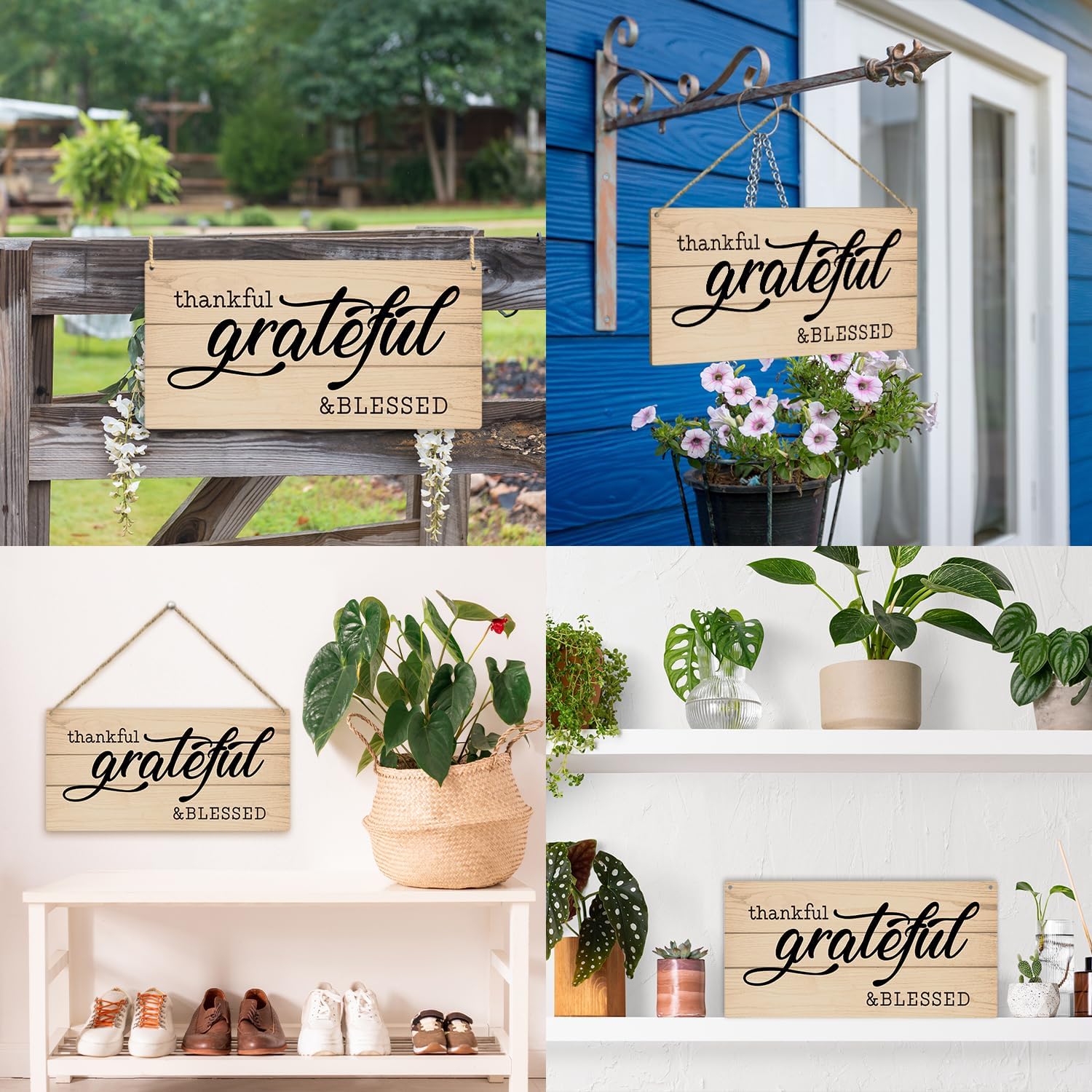 Letrero colgante de madera con texto en inglés Thankful Grateful Blessed para decoración de pared de puerta delantera, placa de madera para casa de