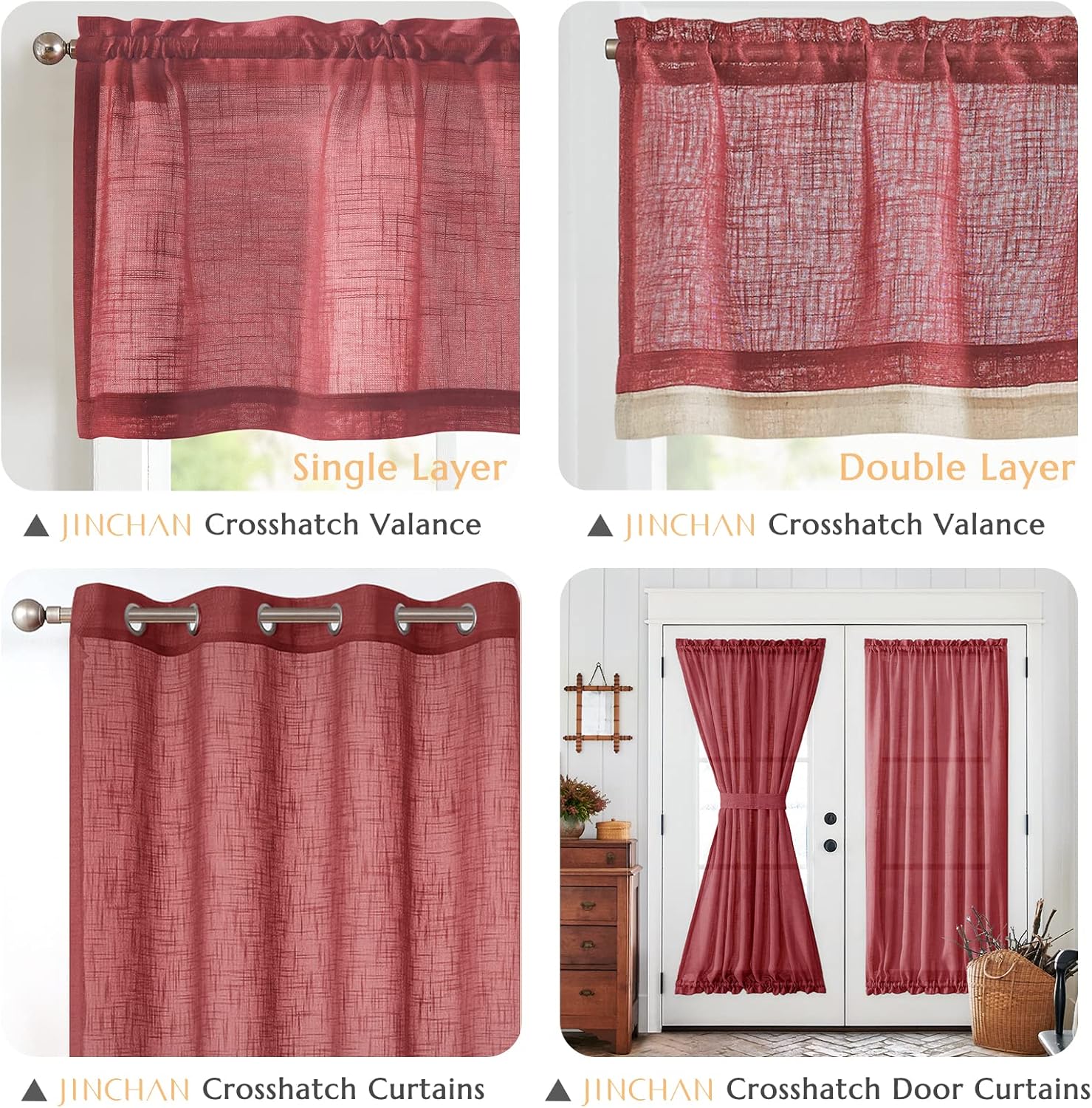 jinchan Cenefa de lino para ventanas, cenefa de granja para sala de estar, cenefa cruzada de 16 pulgadas, cenefa de ventana de doble capa para