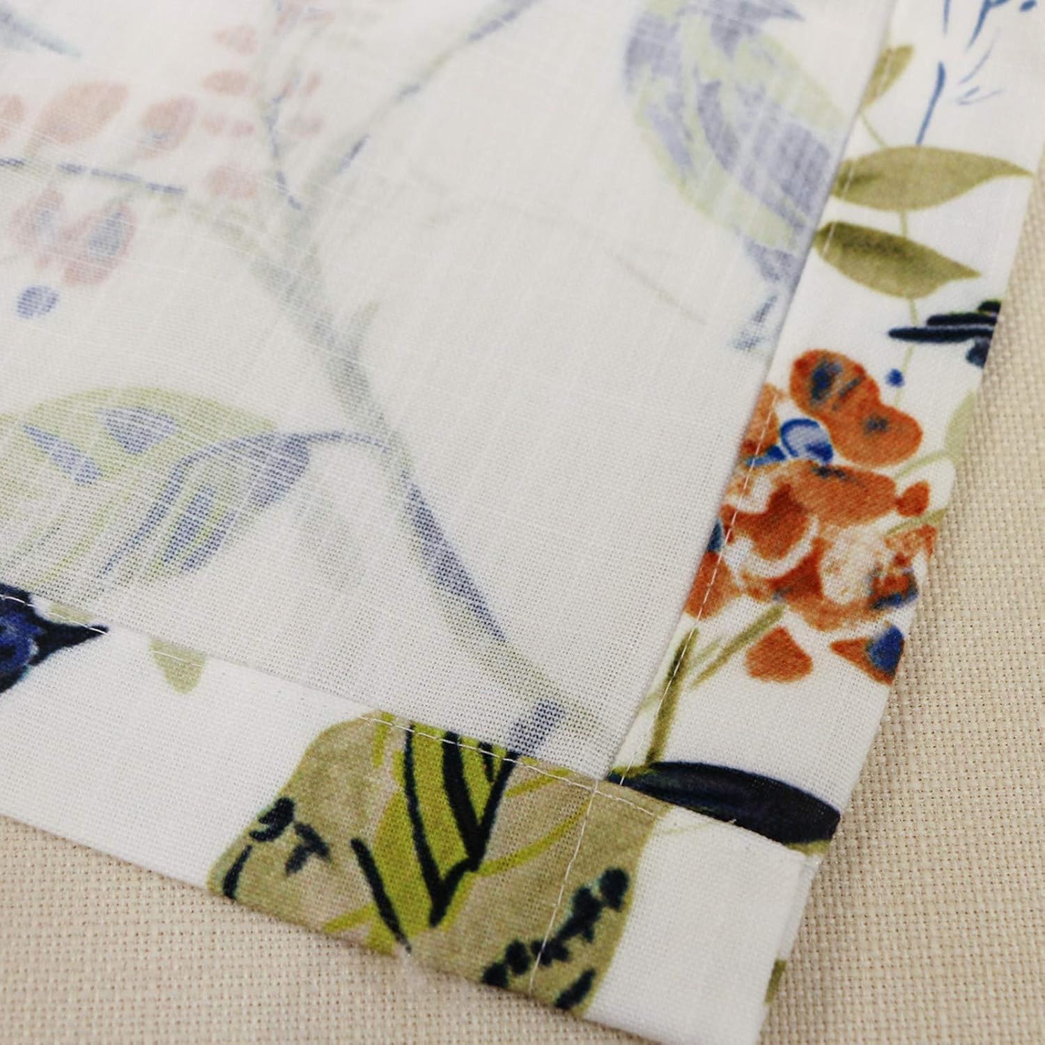 VOGOL Cortinas de cenefa azul para sala de estar, lino texturizado con estampado de pájaros y flores, cortinas de ventana con bolsillo para barra,
