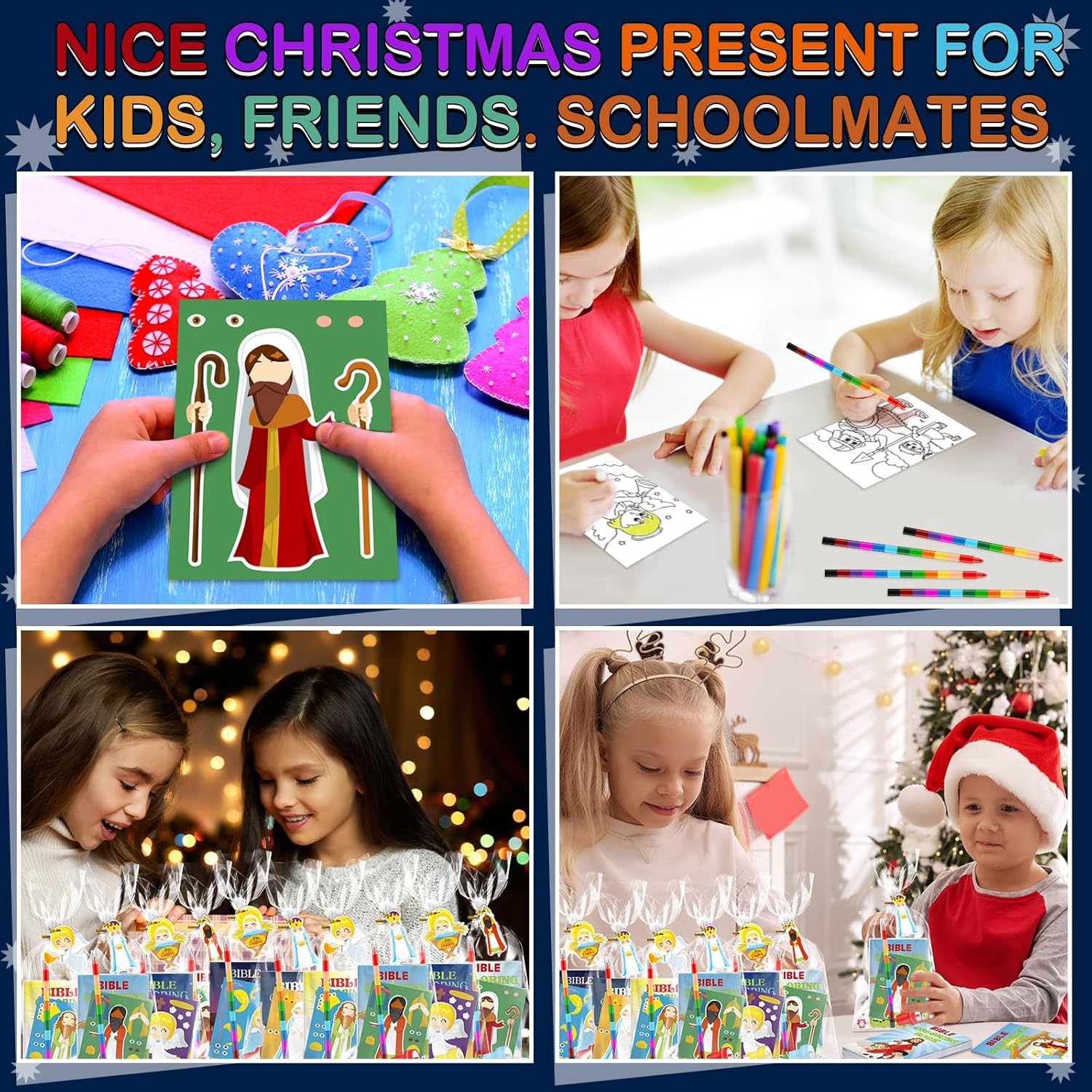 108 Pcs Christmas Party Favors Bible Coloring Book with Stacking Crayons for Kids Squishes Christmas Toys DIY Sticker Stampers Goodie Bag Fillers
