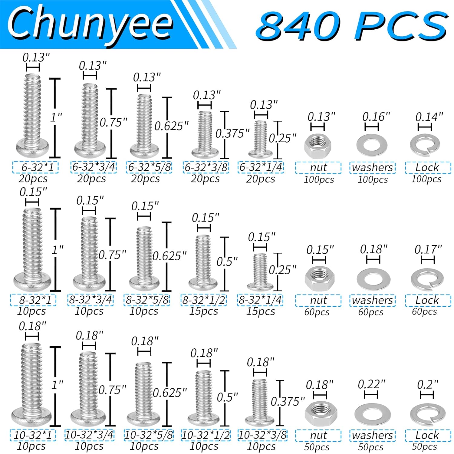 Chunyee Kit surtido de 840 tuercas y tornillos, 6-32#8-32#10-24 Phillips Kit surtido de tornillos de máquina de cabeza cacerola, kit surtido de