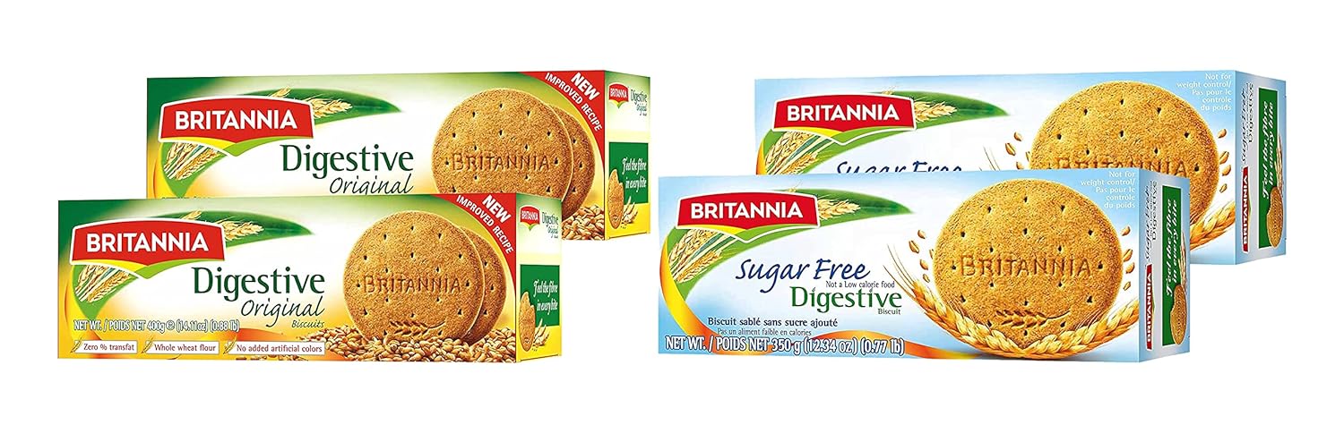 BRITANNIA Galletas digestivas originales y sin azúcar, paquete combinado variado, galletas con sabor a trigo integral, aperitivos saludables Tea