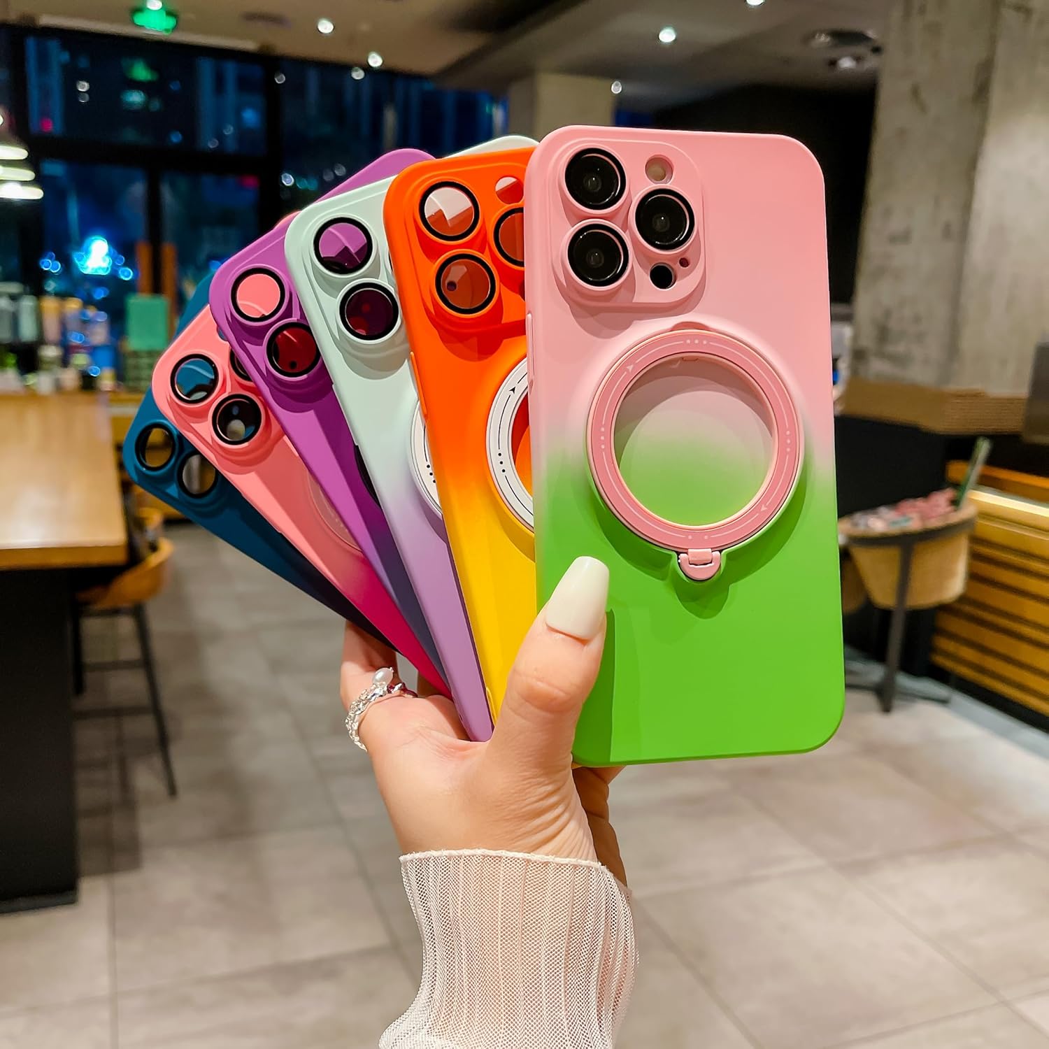 MGQILING Funda magnética compatible con iPhone 14 Pro Max, funda de lujo giratoria de 360 color degradado, soporte oculto, compatible con MagSafe