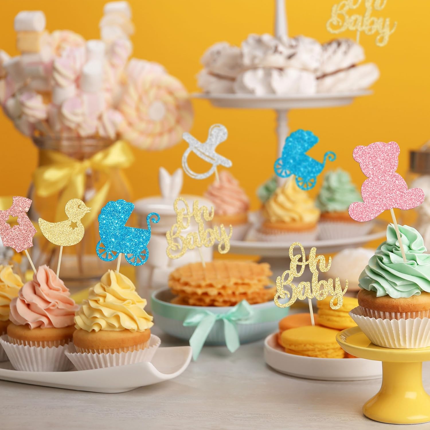 Gyufise 36 piezas de decoración para cupcakes con purpurina para baby shower, chupete de oso, carro, revelación de género, decoración de pasteles