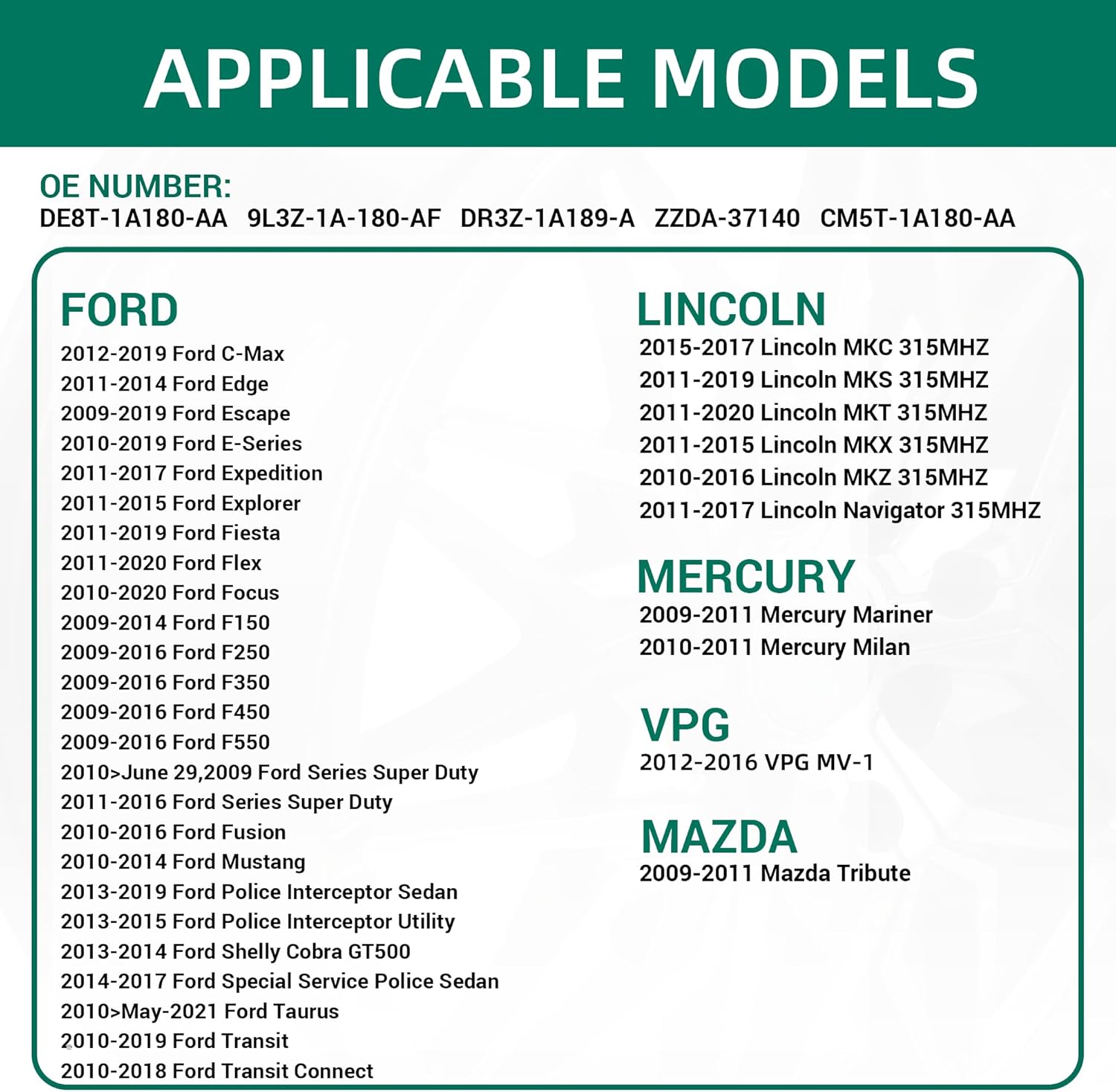 Sensor TPMS, sistema de monitor de presión de neumáticos 315MHZ para Ford  Lincoln  Mercury 4 unidades reemplazan # 9L3Z1A189A DE8T1A180AA