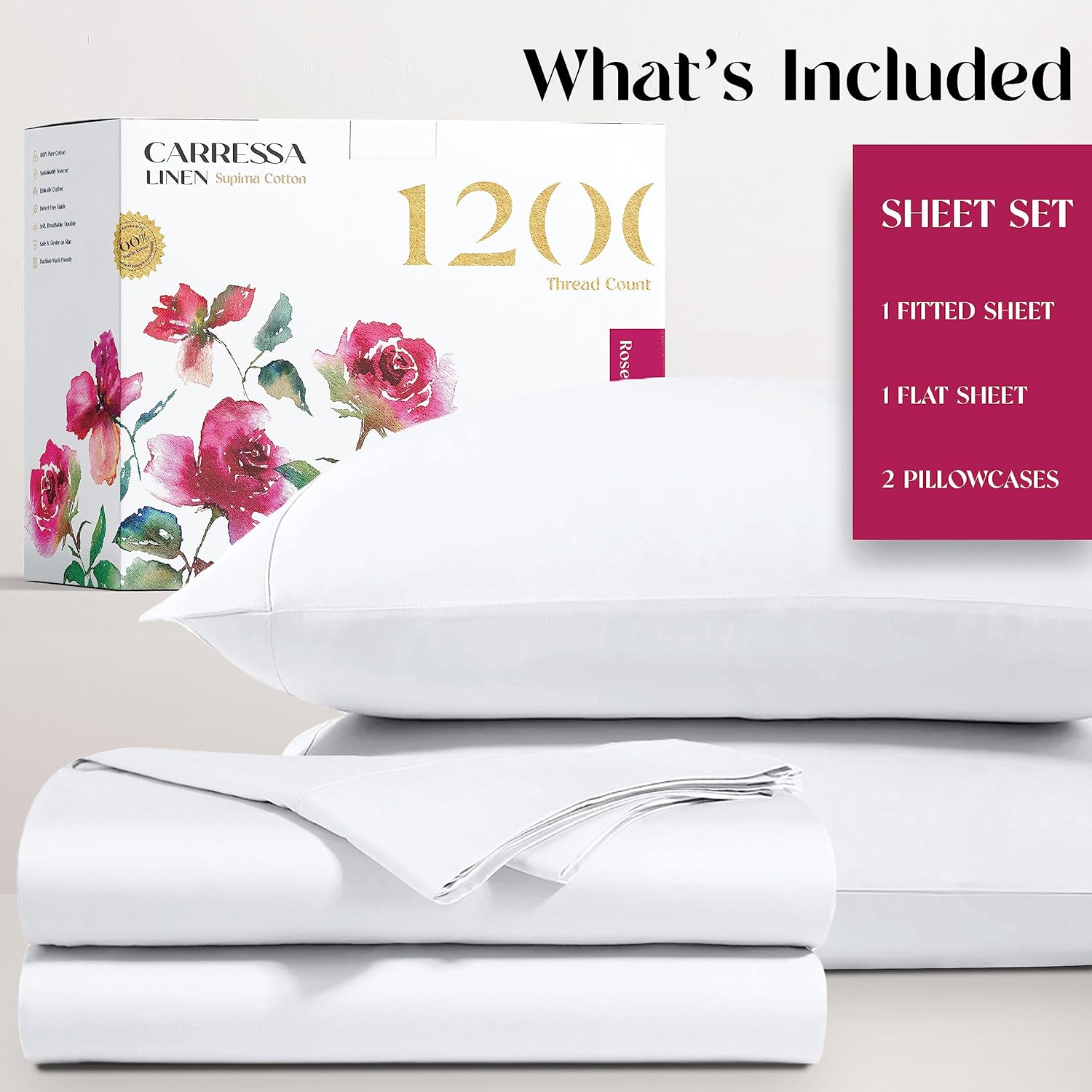 Carressa Linen Sábanas de lujo 100% algodón Supima, sábanas de algodón premium de 1200 hilos para cama tamaño Queen, juego de sábanas blancas de 4