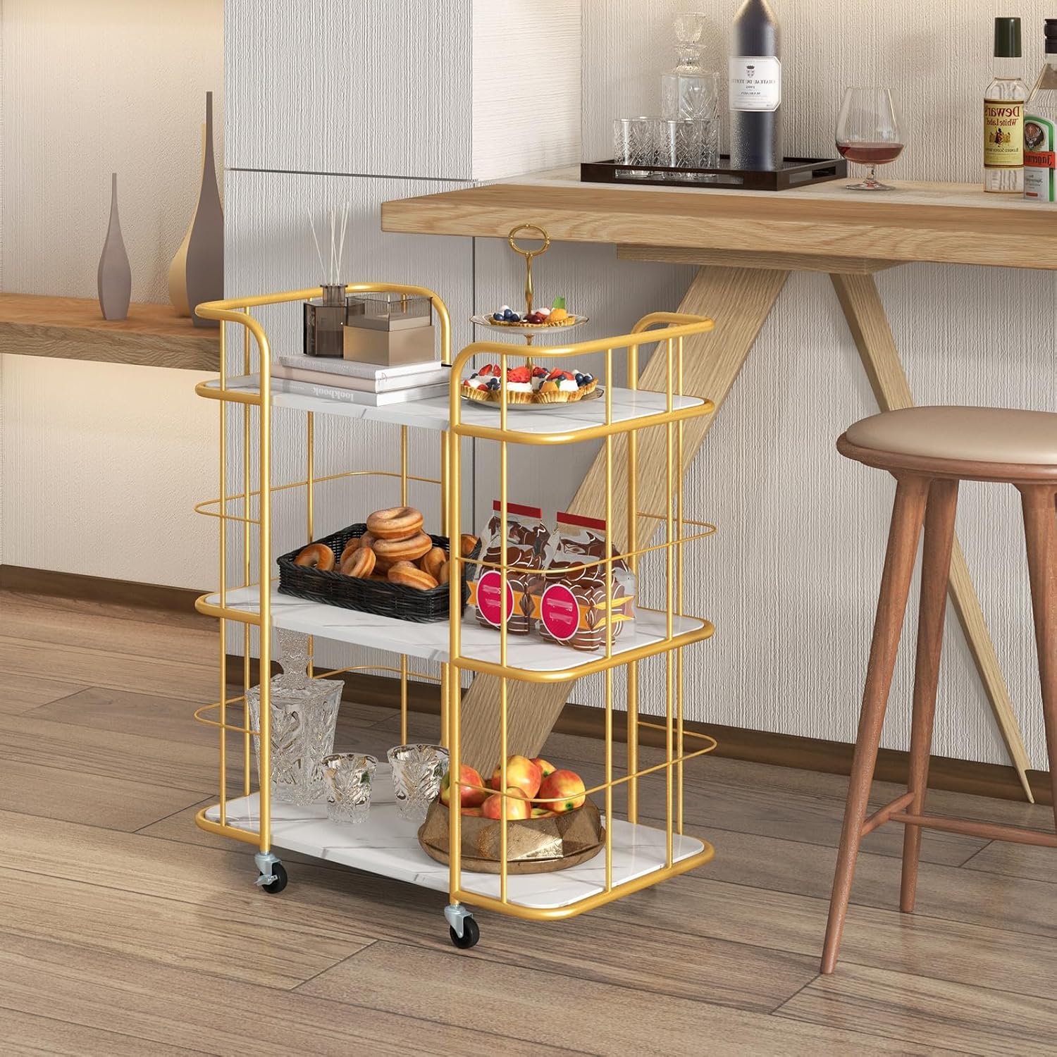 COSTWAY Carrito de barra rodante dorado, carrito de cocina de 3 niveles con marco de acero resistente, parte superior con acabado de mármol y mango