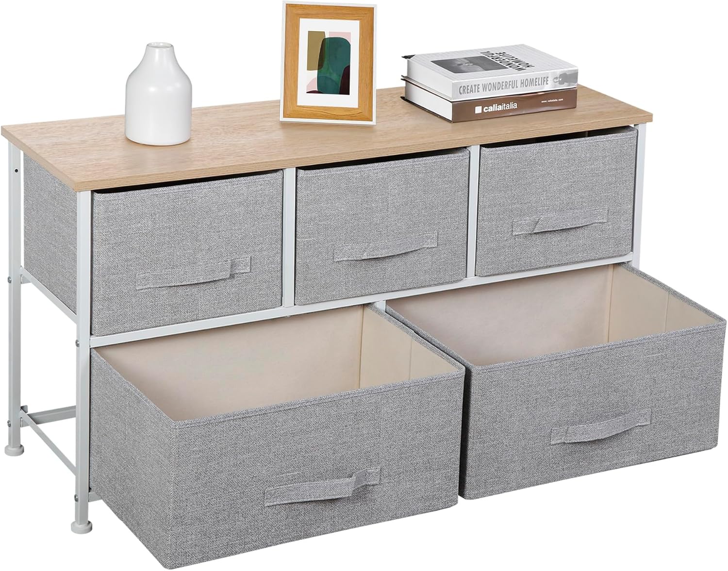 SUPER DEAL Cómoda de 5 cajones para dormitorio, cómoda de tela para armario, organizador de almacenamiento de ropa ancho con marco de acero