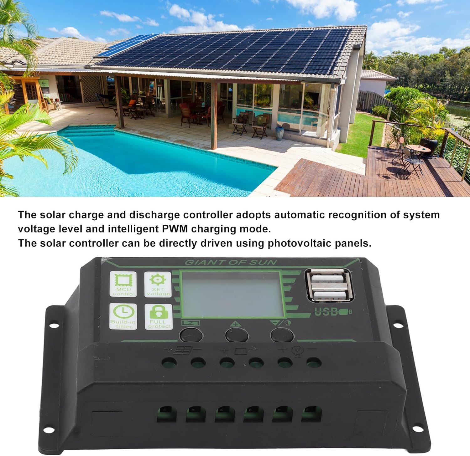 Controlador de carga solar, controlador de energía ABS 5V con doble puerto USB, regulador PWM inteligente para paneles solares (80A)