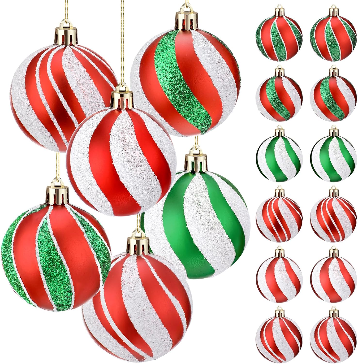12 adornos de bola de Navidad de 2.4 pulgadas, decoraciones colgantes de plástico con purpurina, bolas de elfo, remolino, bastón de caramelo, menta,