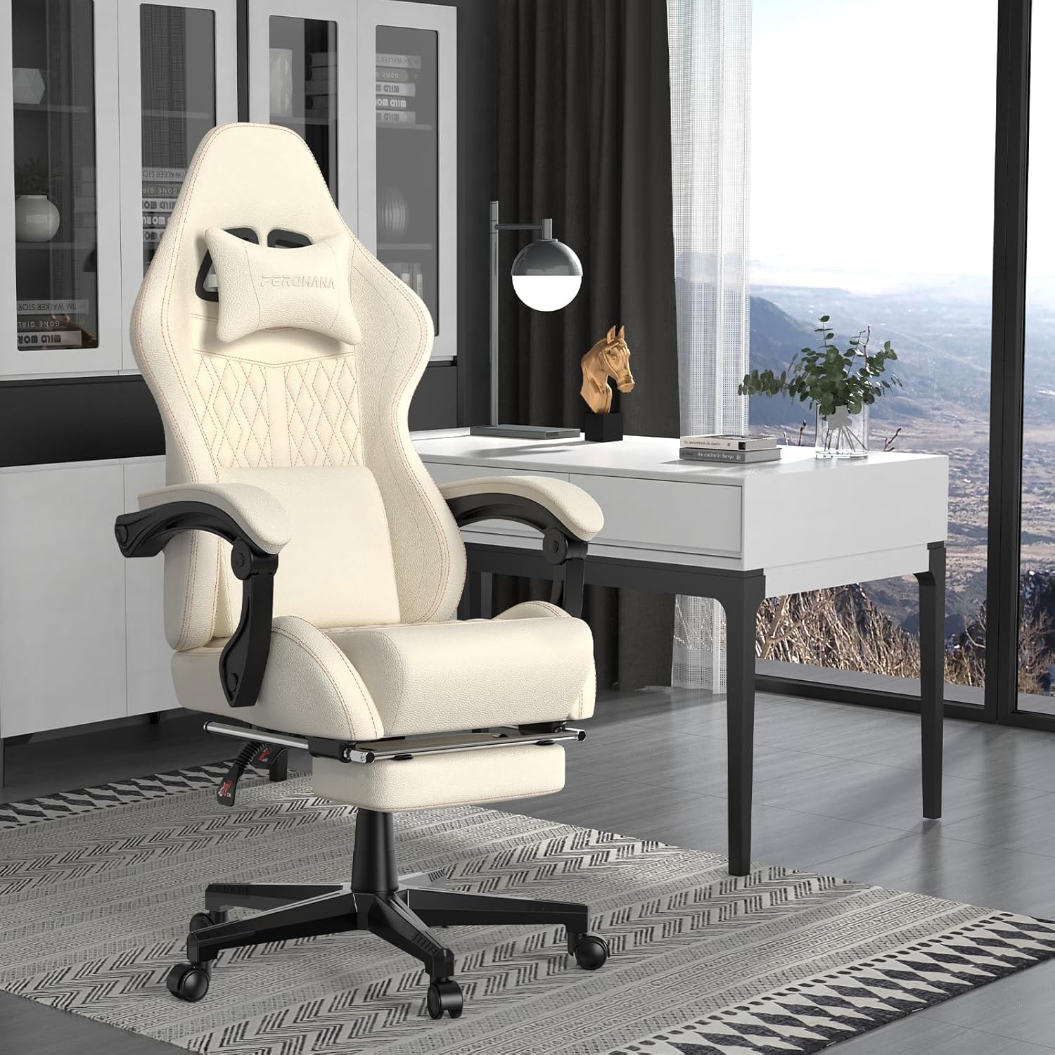 Ferghana Silla vintage de piel sintética para videojuegos, silla de jugador con respaldo alto con masaje, silla ergonómica de oficina para