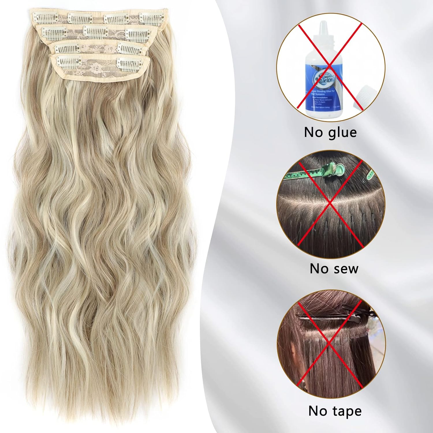 4 extensiones de cabello rizado con clip, color dorado oscuro, mezcla de rubio beige, sintético de 20 pulgadas, extensiones de cabello ondulado