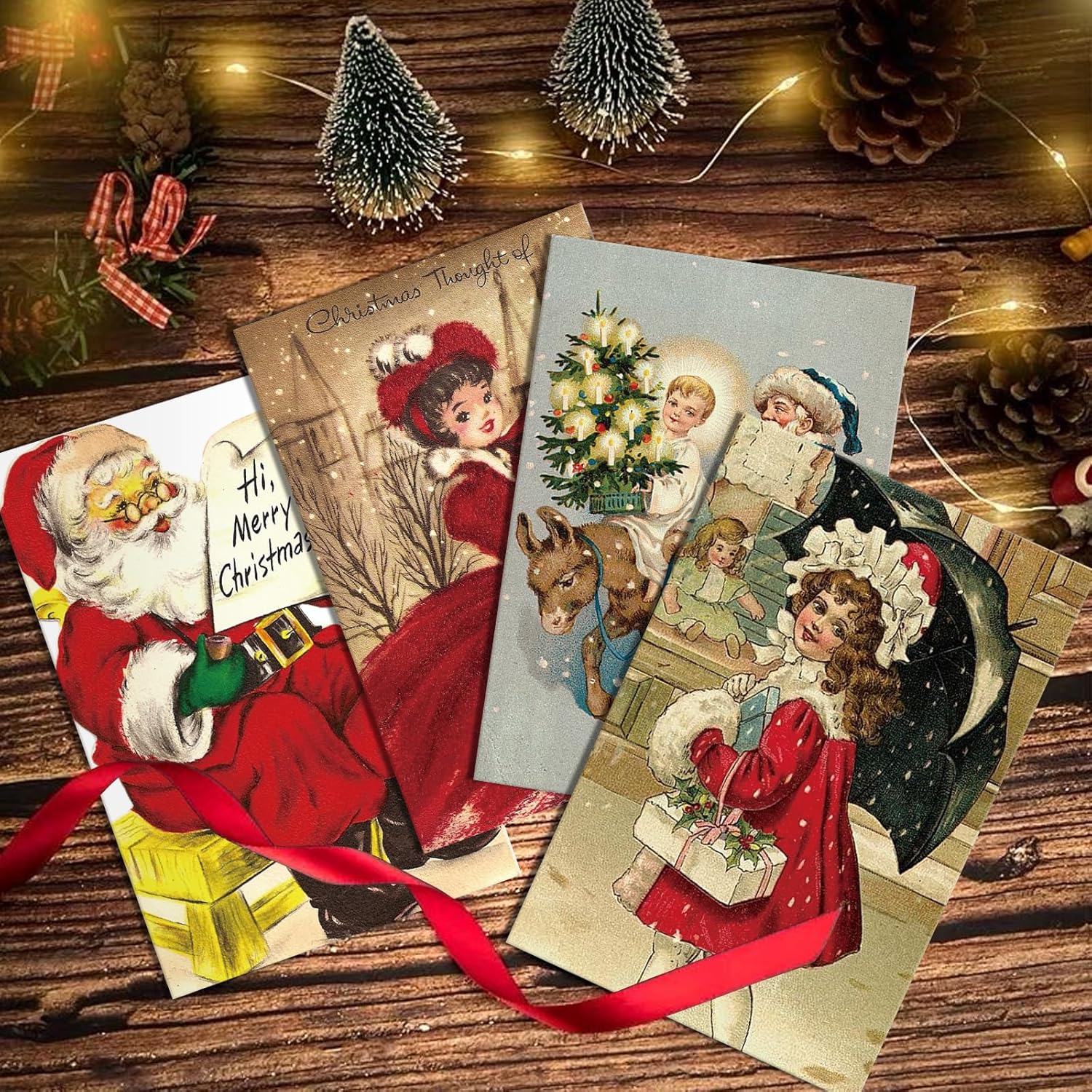 Juego de 24 tarjetas de Navidad vintage de Papá Noel con sobres y calcomanías de sellado, paquete de tarjetas retro de Feliz Navidad (24 diseños, 1
