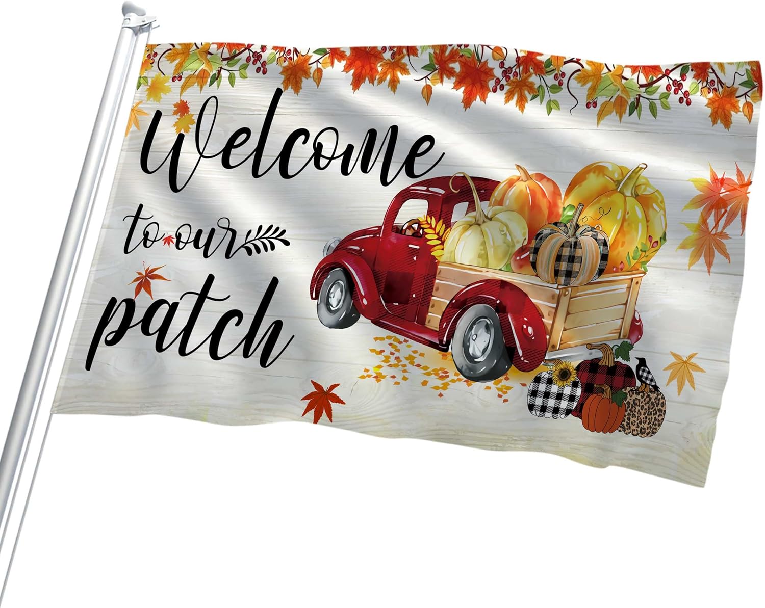 FLCHWY Bienvenido a nuestra bandera de parche de 3 x 5 pies, bandera de hojas de arce de calabaza, cosecha de otoño y verano, decoración de