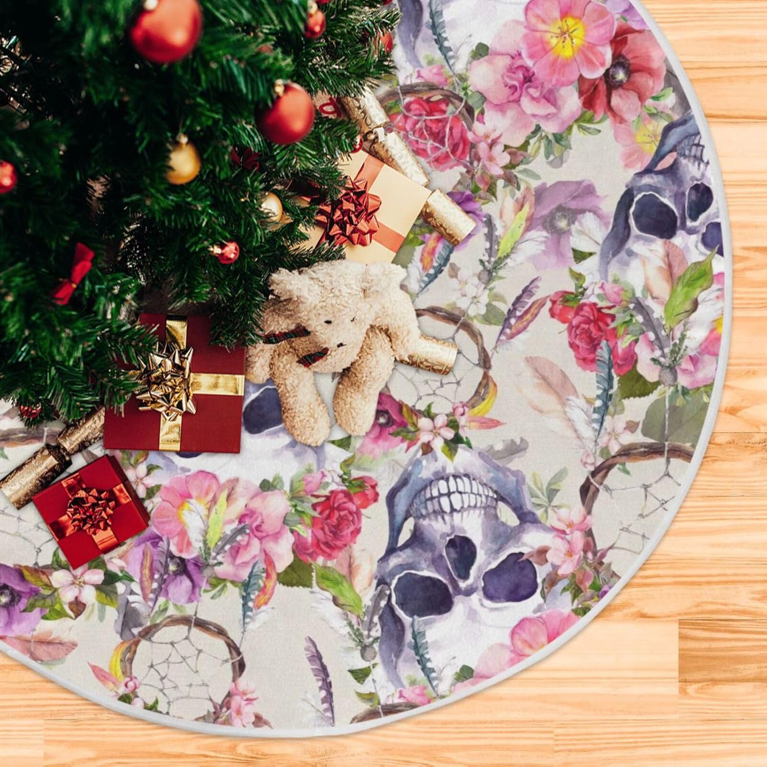 Faldas de árboles de Navidad con calaveras y flores, falda de árbol Feliz Navidad, falda de árbol moderna, decoración de árbol