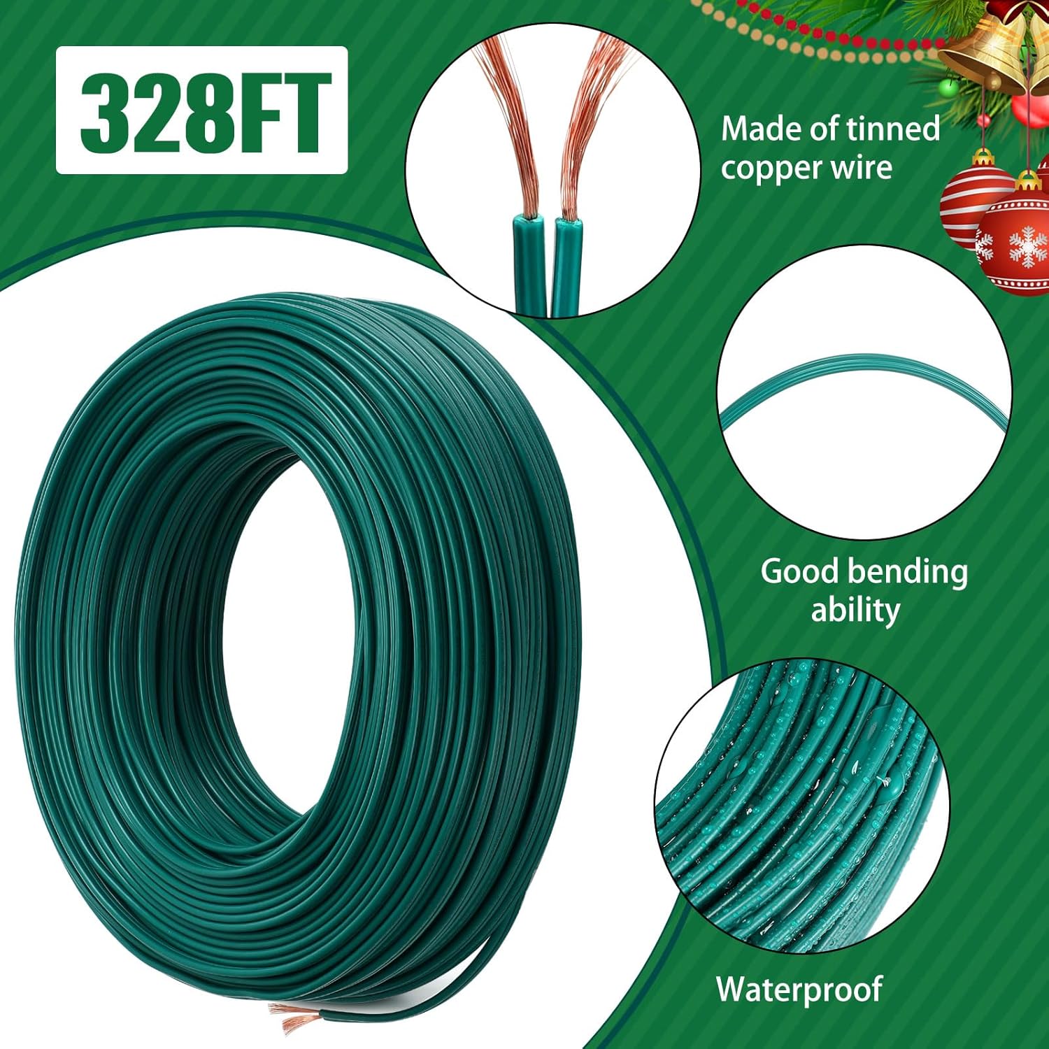 Handepo Cable eléctrico de Navidad SPT-2 de 328 pies, salida de iluminación de Navidad, cable en blanco a granel de grado comercial, extensión de 18