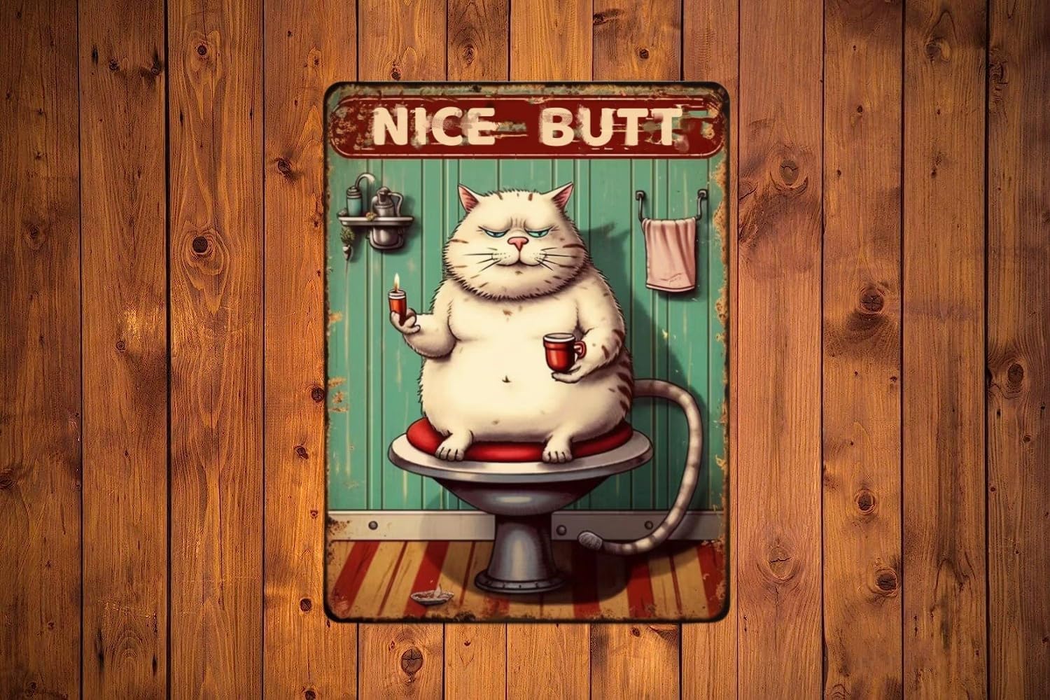 Cartel de metal vintage con texto en inglés “Nice Butt”, diseño de gato gordo blanco para decoración de baño, 12 x 8 pulgadas
