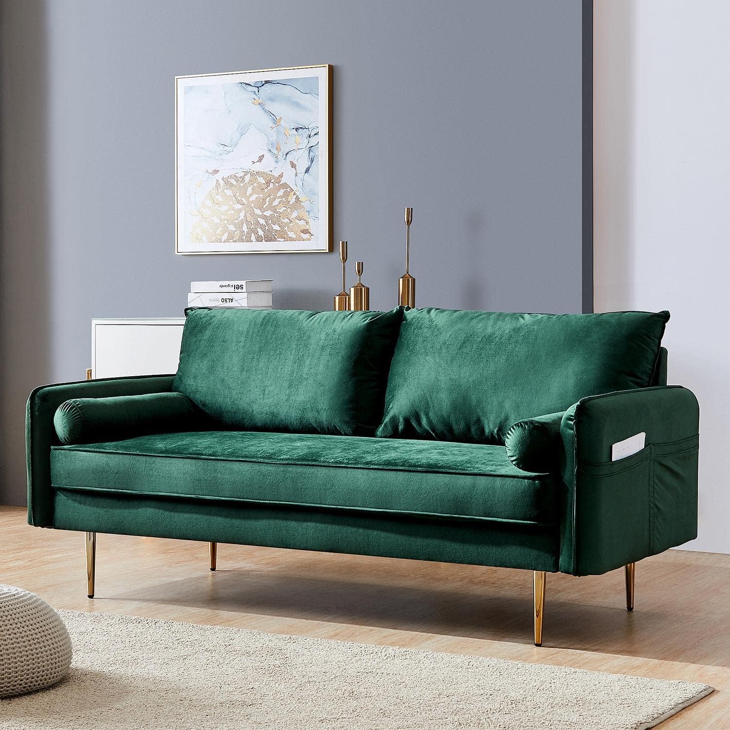 Sofá biplaza de terciopelo moderno de mediados de siglo, sofá de sala de estar de 71 pulgadas de ancho, tela de terciopelo con 2 almohadas, sofá