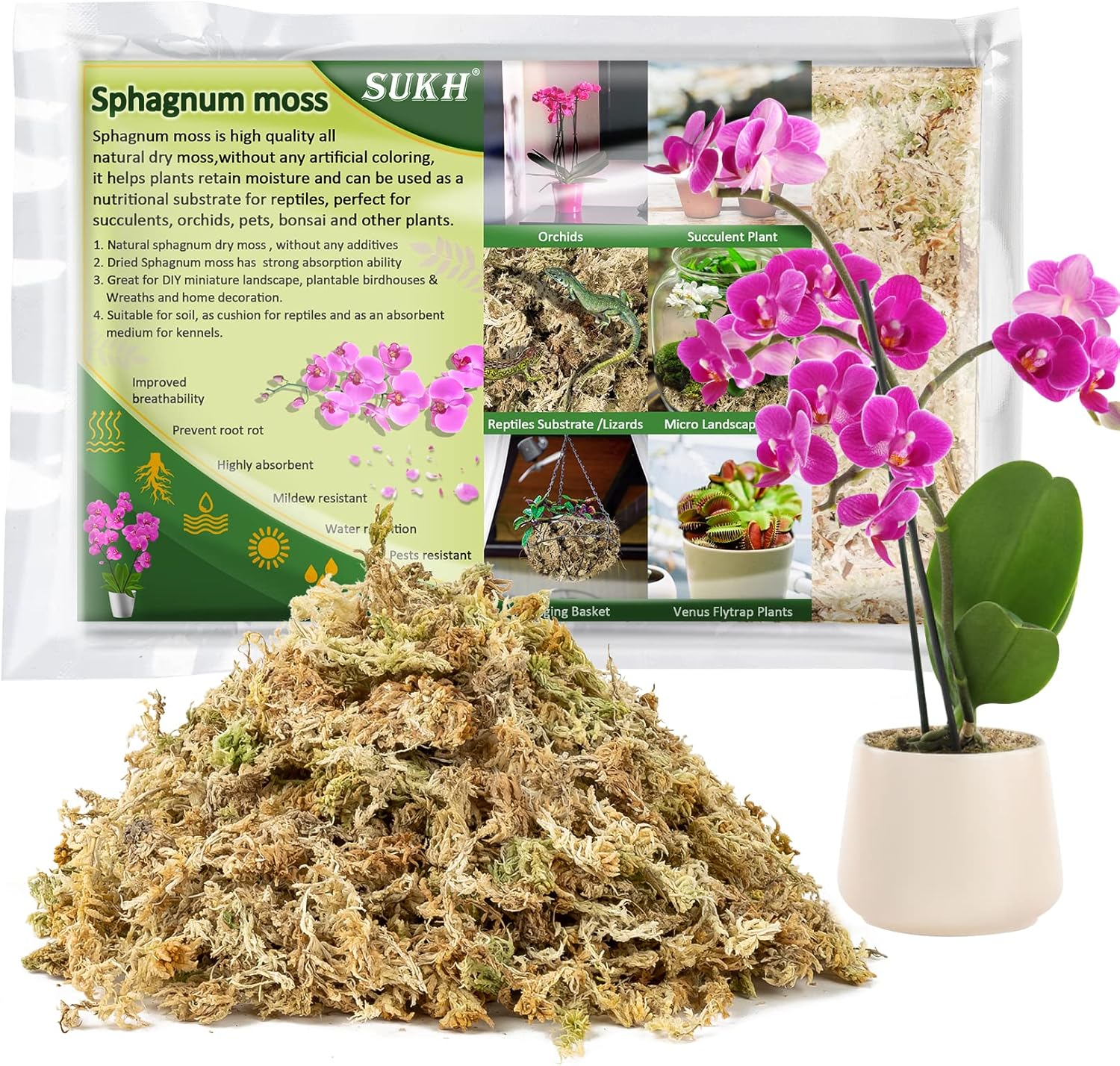 Sukh Musgo de esfagnum para plantas de 20 onzas, musgo de turba de esfagno, musgo seco natural de fibra larga para orquídeas, suculentas,