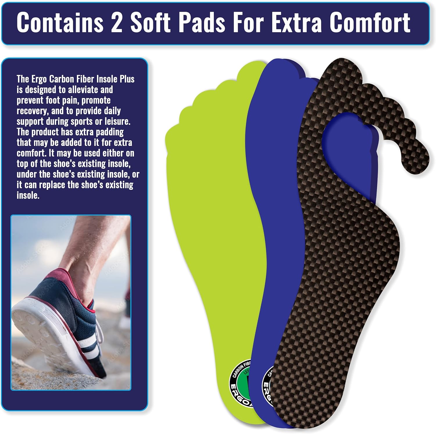 Plantilla de fibra de carbono Ergo Plus, rígida con acolchado para hombres y mujeres (tallas M 9-12 y W 7-9) alivia los neuromas de Morton, Hallux