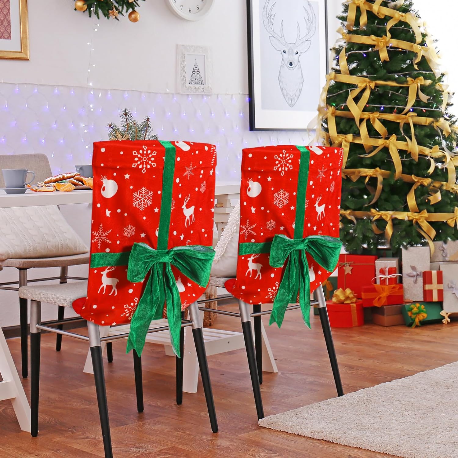 Buryeah Juego de 4 fundas para sillas de comedor de Navidad, fundas para sillas de comedor, extraíbles y lavables, diseño de arco de copo de nieve,