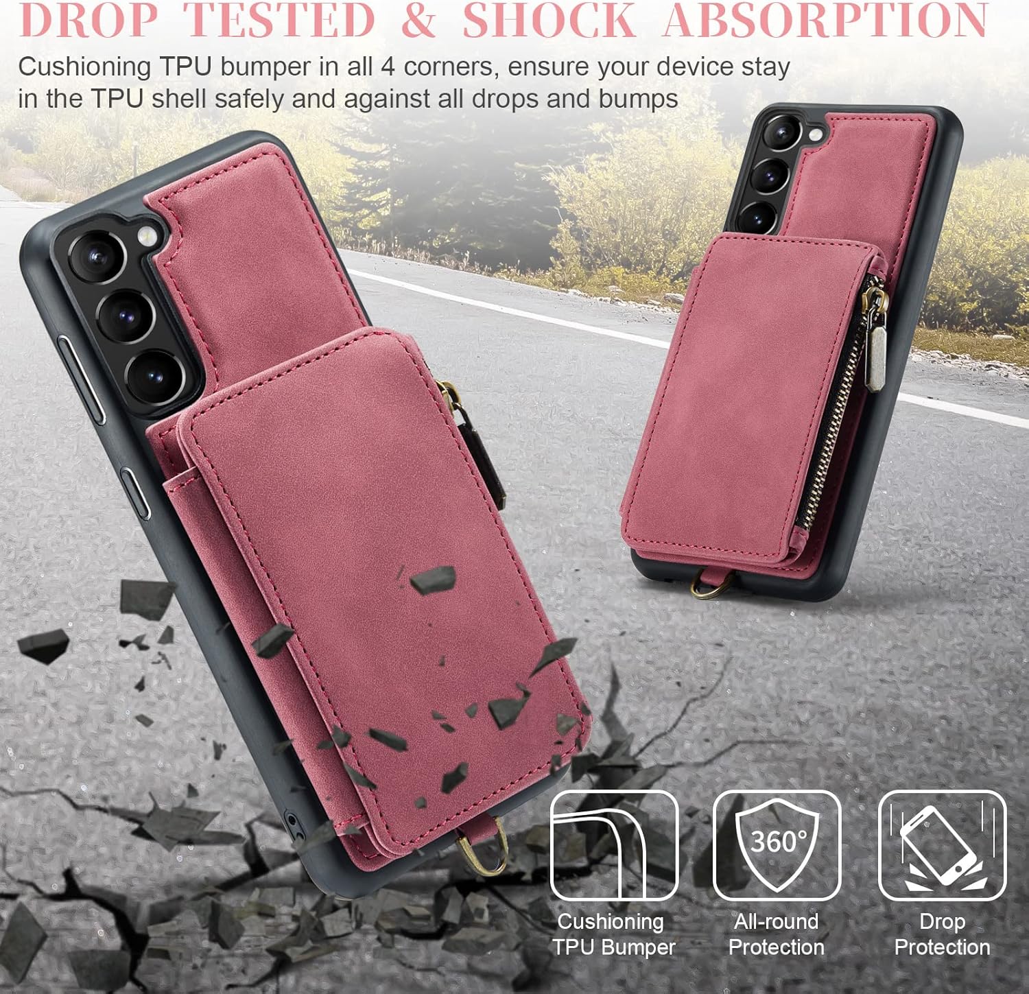 Asuwish Funda de teléfono para Samsung Galaxy S23 5G Funda tipo cartera con protector de pantalla de vidrio templado y cremallera RFID Bloqueo