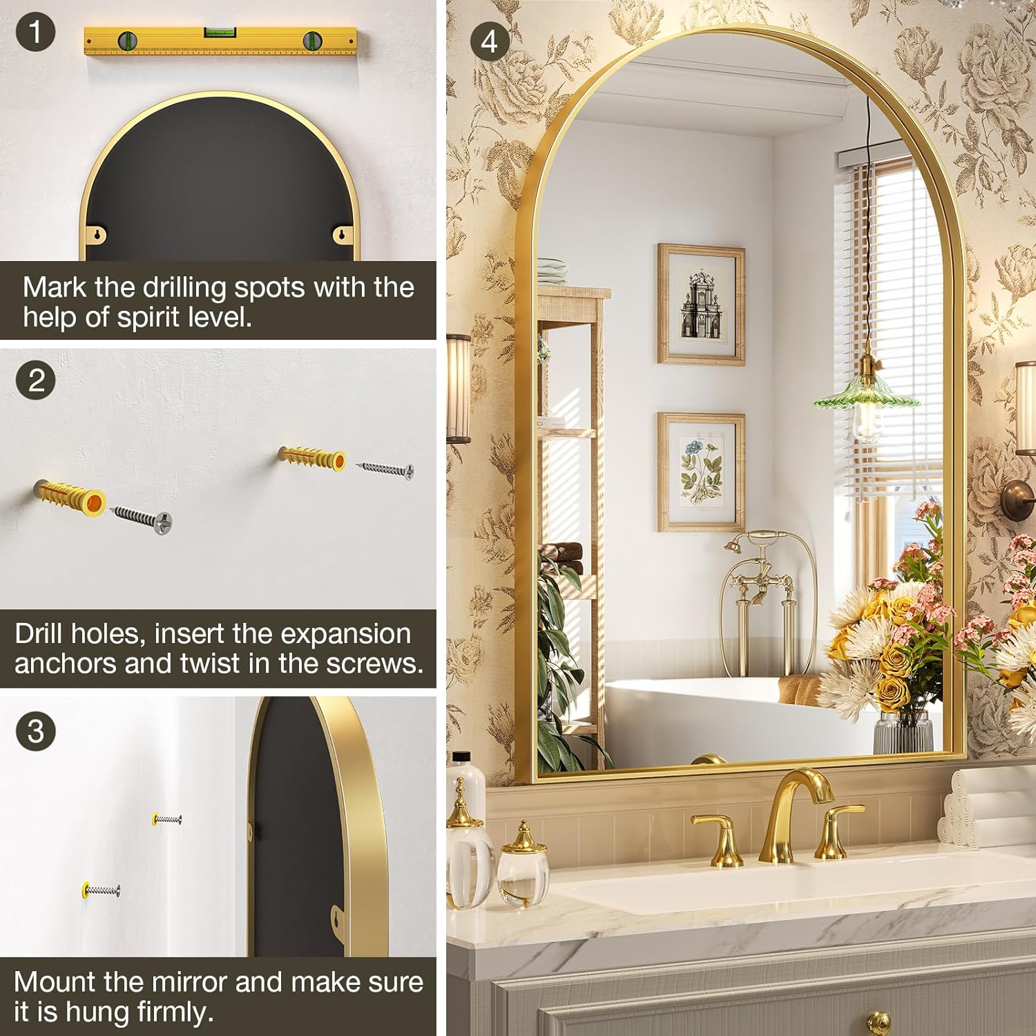 Brightify Espejo arqueado, espejo de pared arqueado, 23.9 x 31.9 pulgadas, espejo de arco dorado con marco de metal, espejo de baño con parte