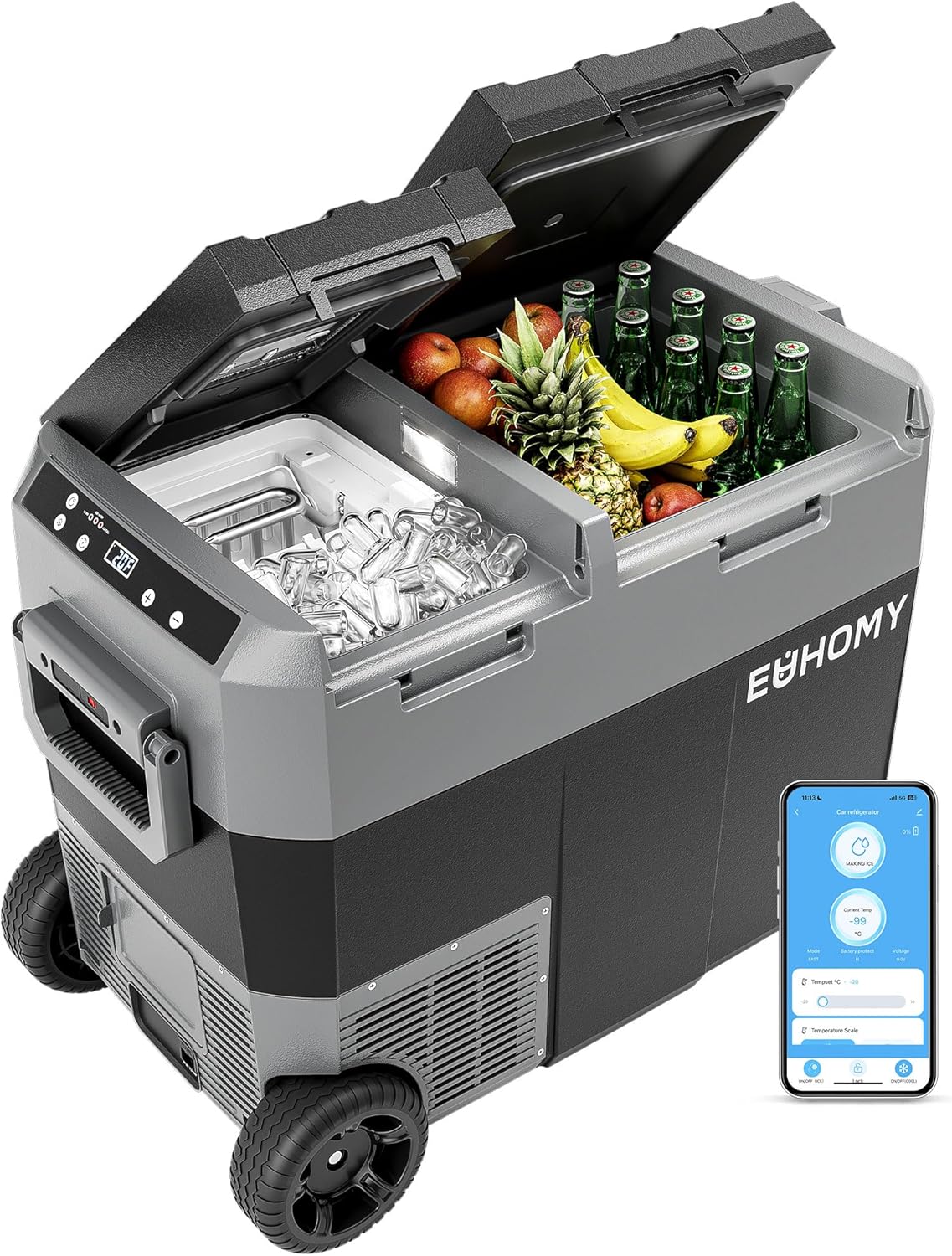 EUHOMY Refrigerador de 12 voltios con máquina de hielo  Enfriador eléctrico de 48 cuartos (45 L), batería utilizable de doble zona, control de