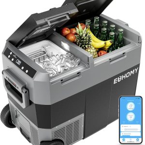 EUHOMY Refrigerador de 12 voltios con máquina de hielo  Enfriador eléctrico de 48 cuartos (45 L), batería utilizable de doble zona, control de EUHOMY Refrigerador de 12 voltios con máquina de hielo  Enfriador eléctrico de 48 cuartos (45 L), batería utilizable de doble zona, control de