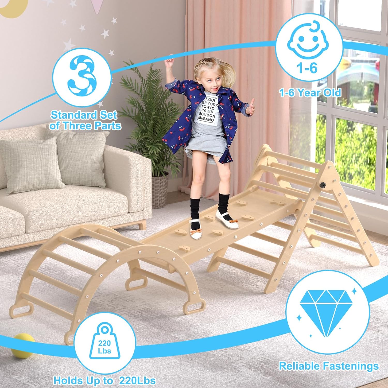 XJD Juego de triángulos Pikler 7 en 1, juguetes de escalada plegables para niños pequeños, parque infantil interior para niños de 1 a 6 años, con