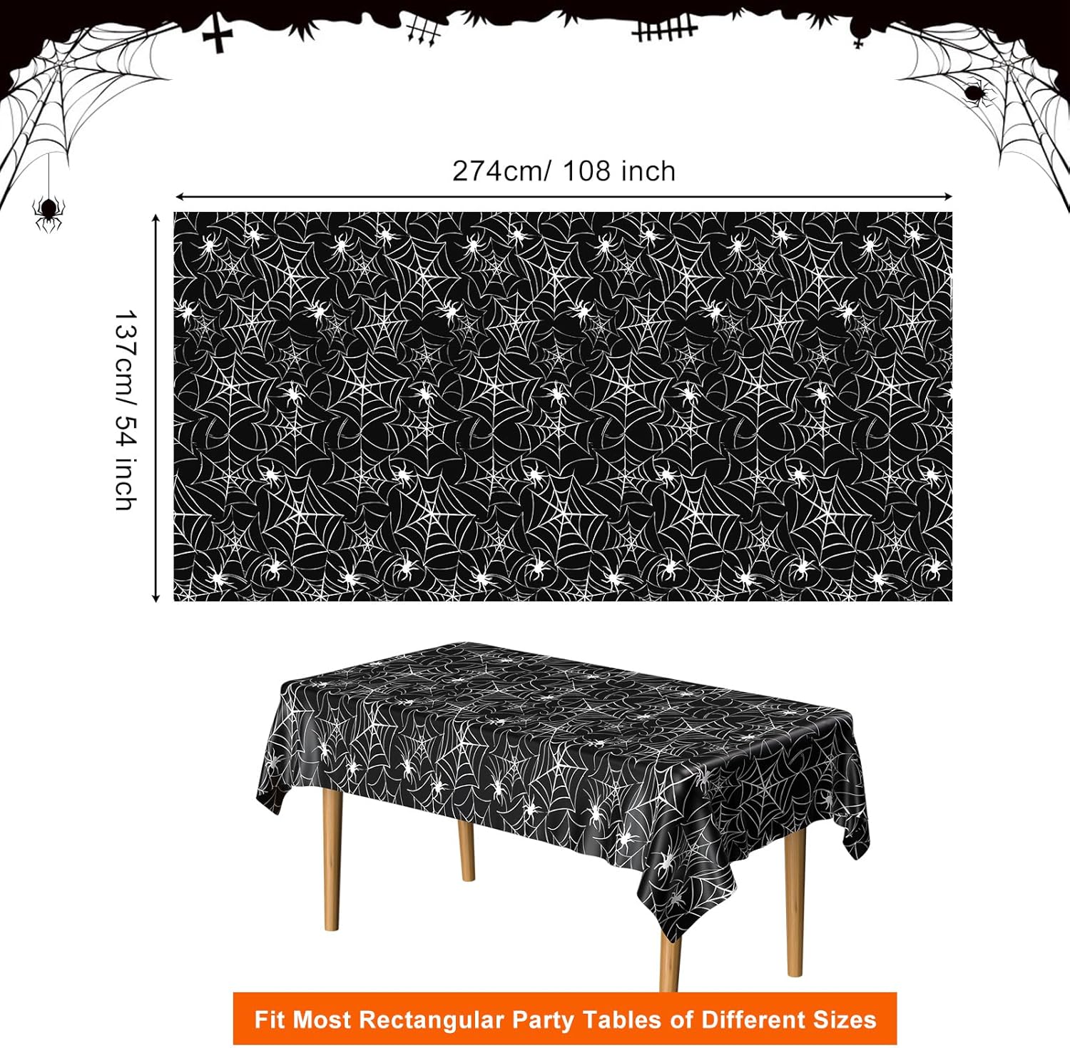 PLULON Paquete de 3 manteles de Halloween de 54 x 108 pulgadas, mantel de plástico de tela de araña para decoración de mesa de cena de vacaciones,