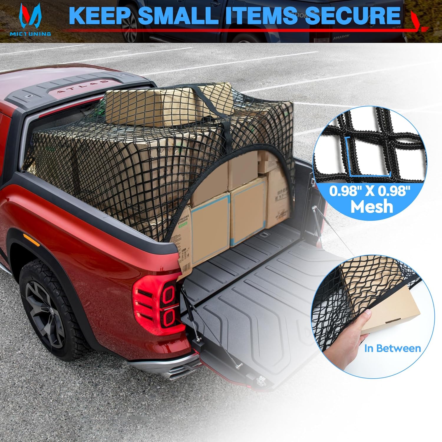 MICTUNING Red de carga para caja de camión, red de carga altamente elástica de 4 x 4 pies, organizador de malla elástica de hasta 7 x 7 pies para
