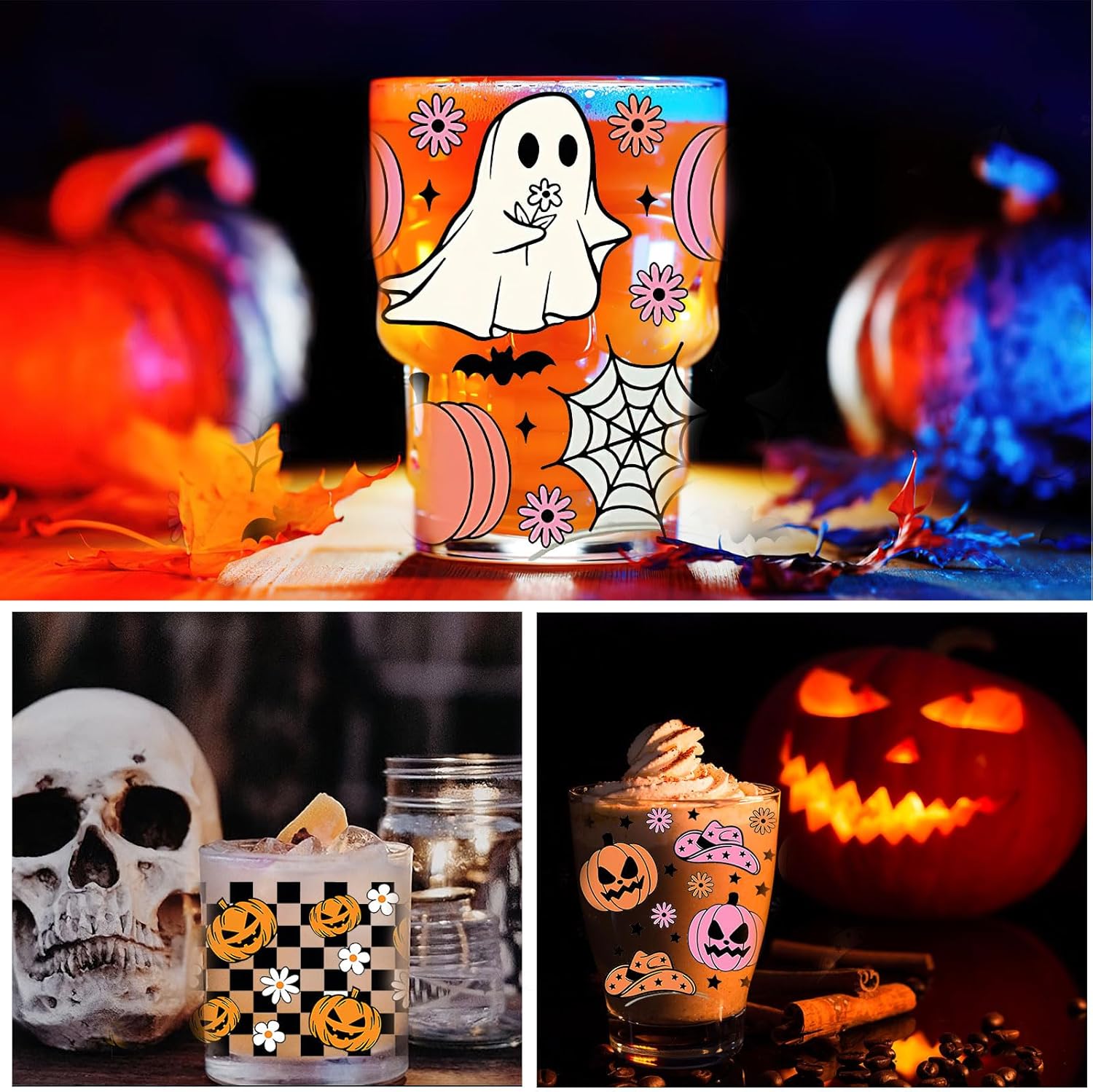 AUOCATTAIL Halloween UV DTF Cup Wrap Calabaza Fantasma Cara Araña Tela De Vidrio Envoltura De Taza De Transferencia Adhesivo 6 Hojas